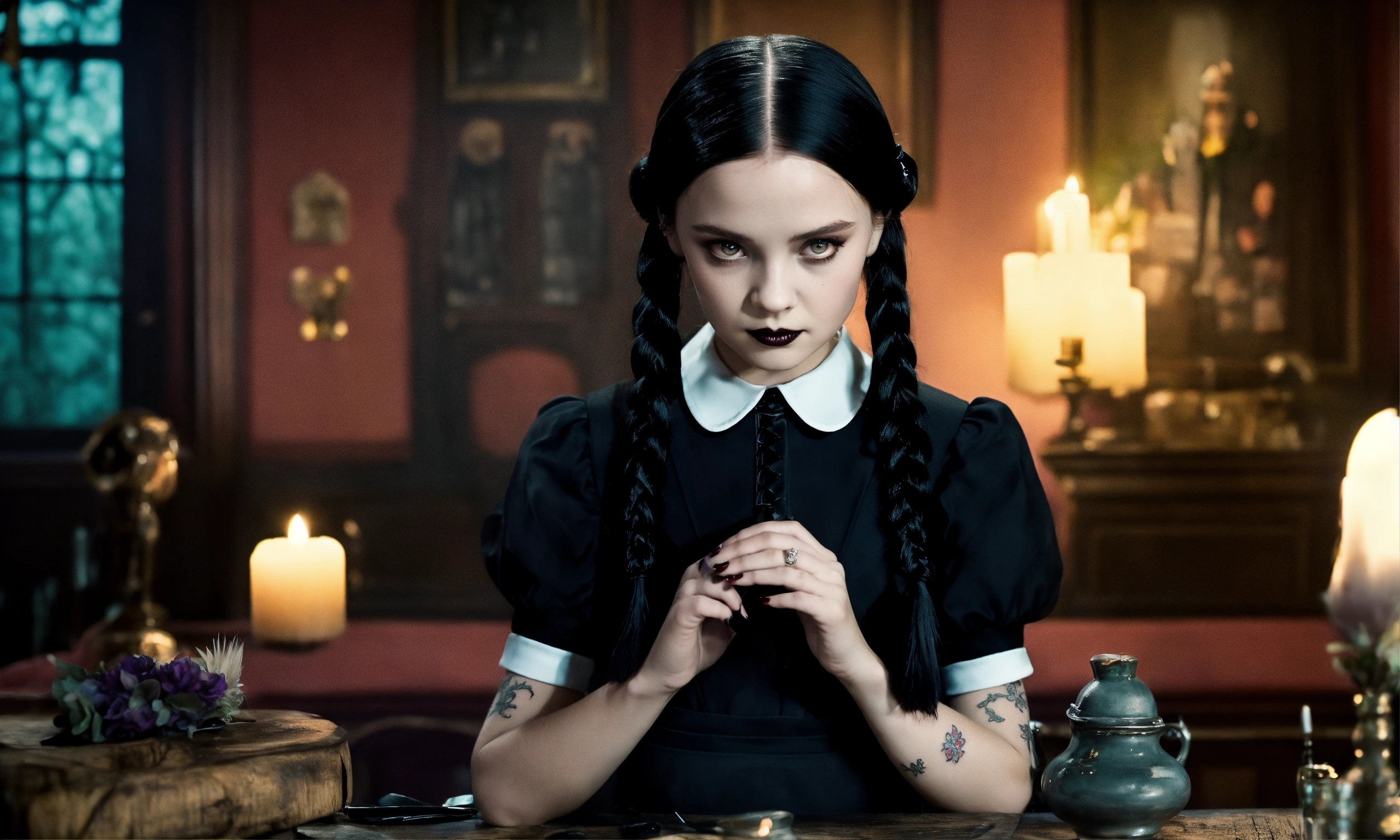 Lexica - Wednesday Addams from the series, black hair braided in two ...