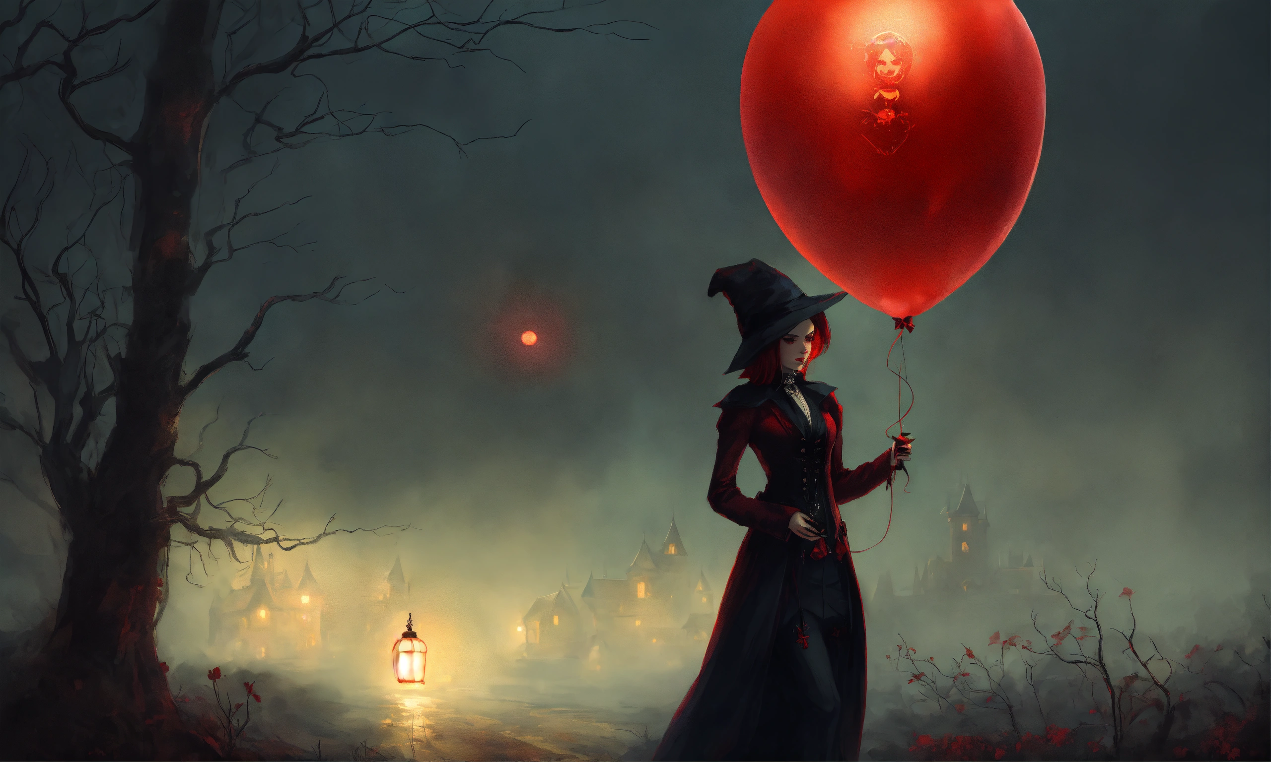Lexica - A female vampire holding a red luminous balloon, Halloween ...