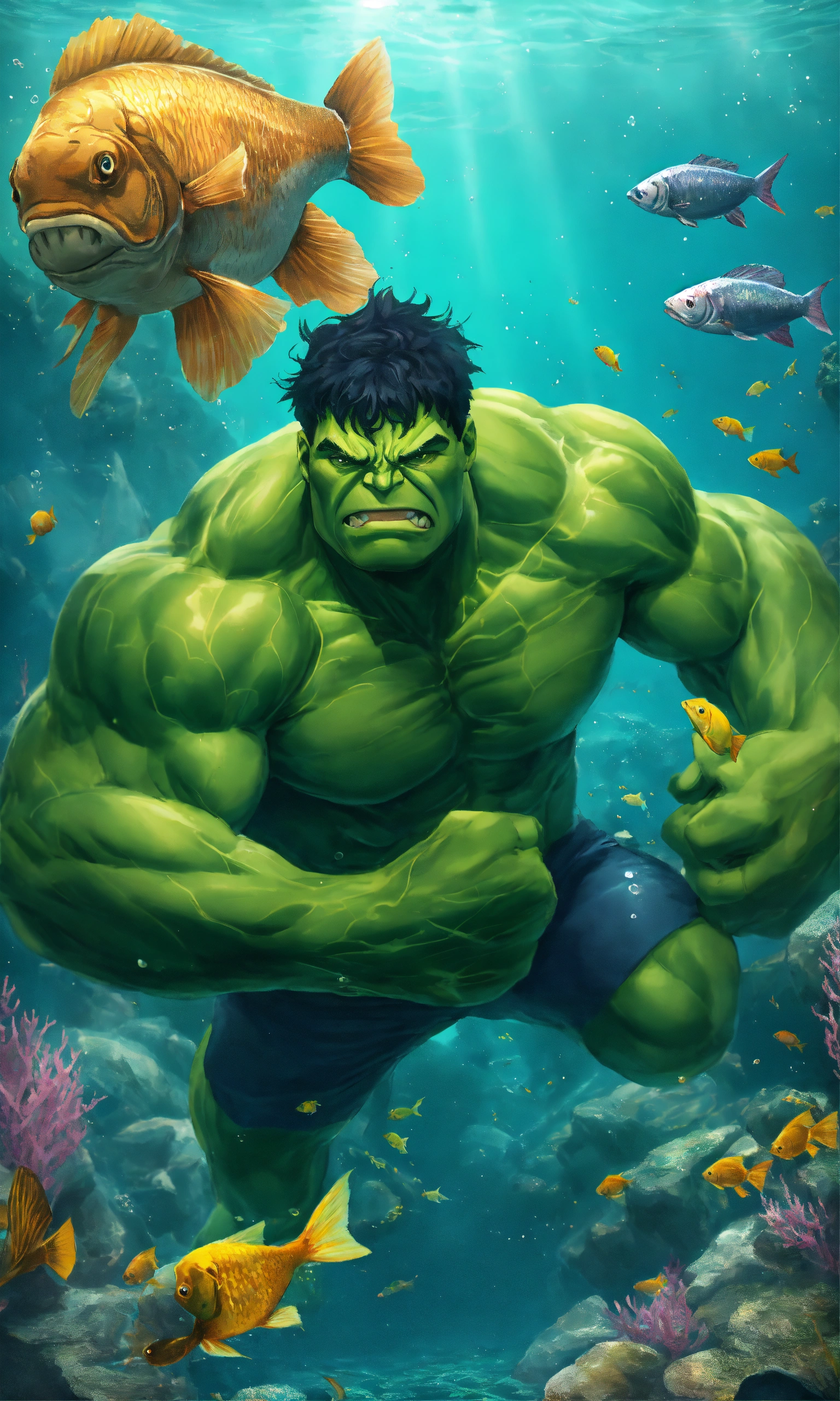 Lexica - Hulk swimming with fish underwater in the ocean, nature ...