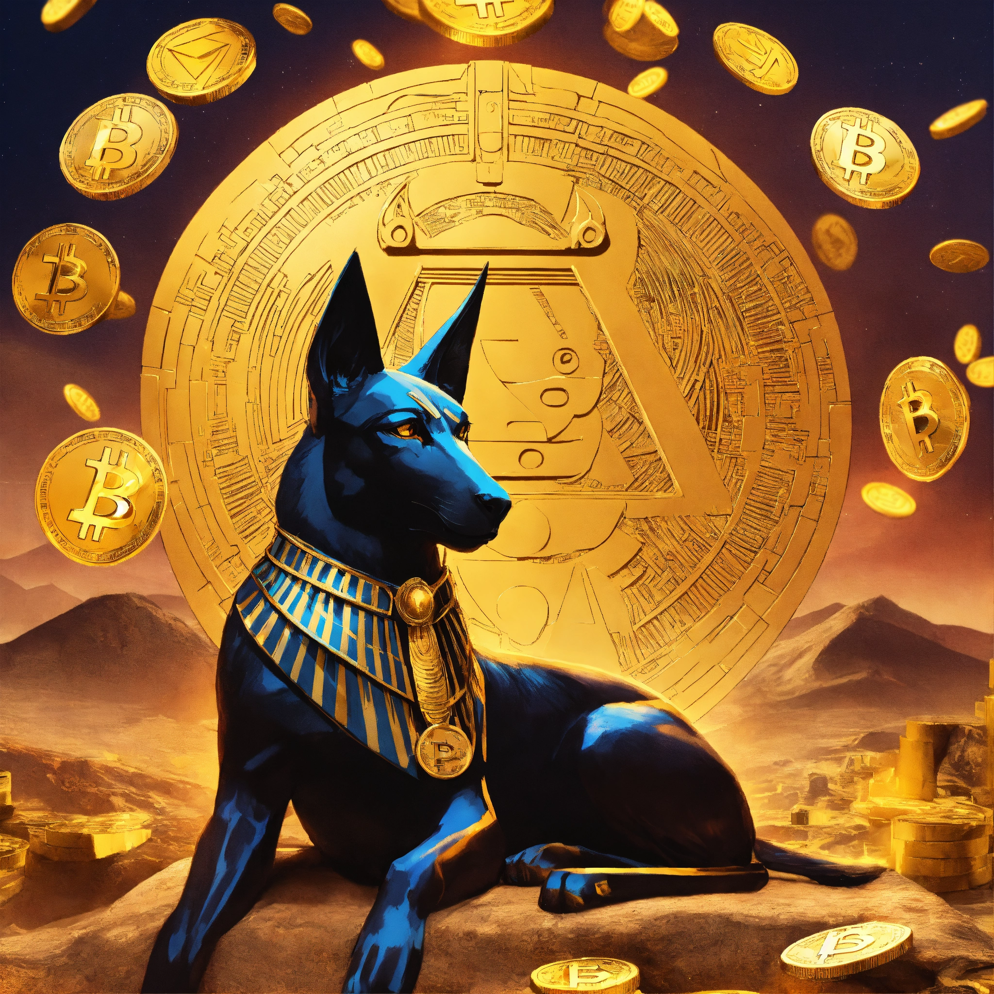 Lexica - Poster of Anubis, surrounded by cryptocurrency