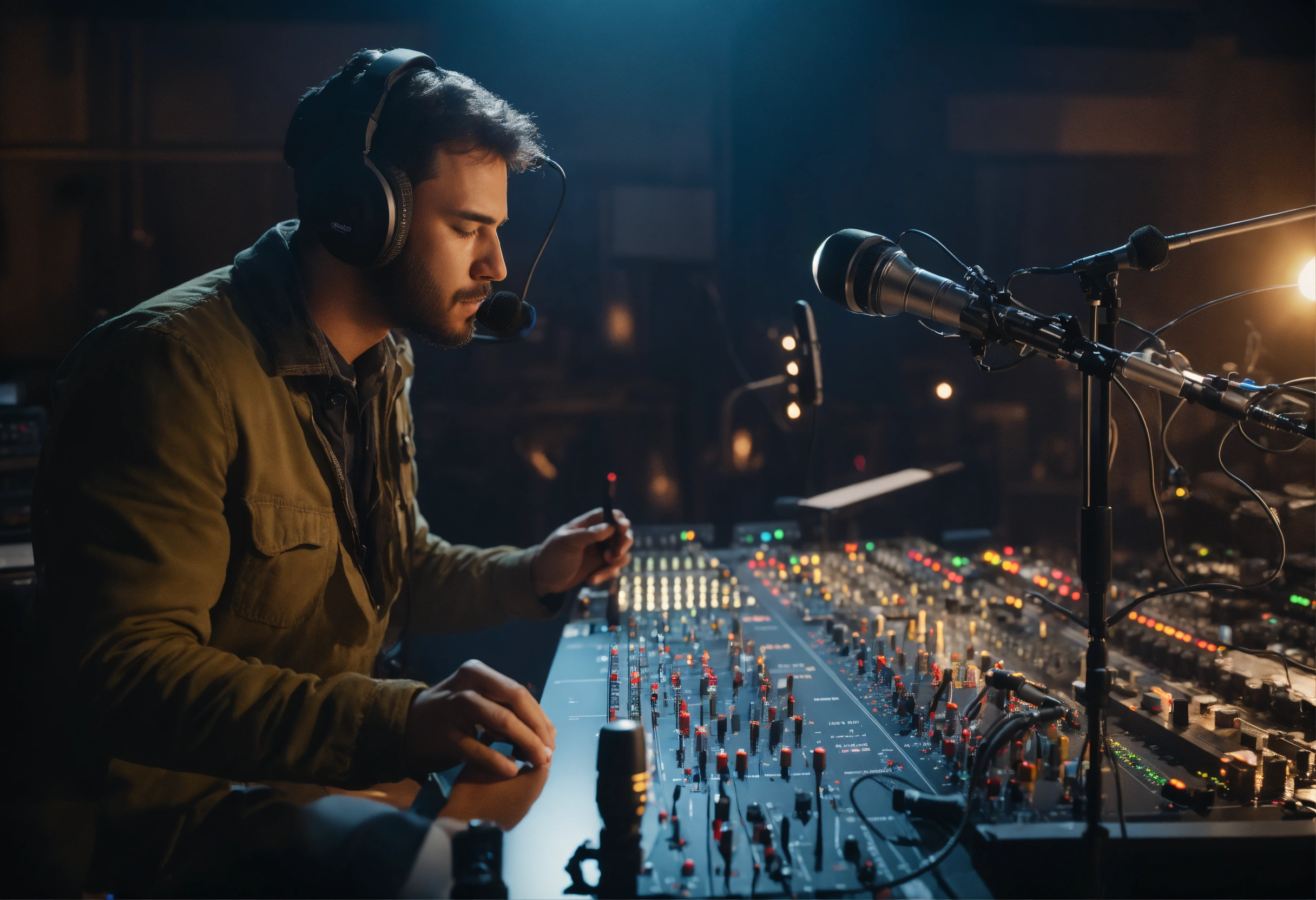 Lexica - The sound engineer installs microphones on the set. He pulls ...
