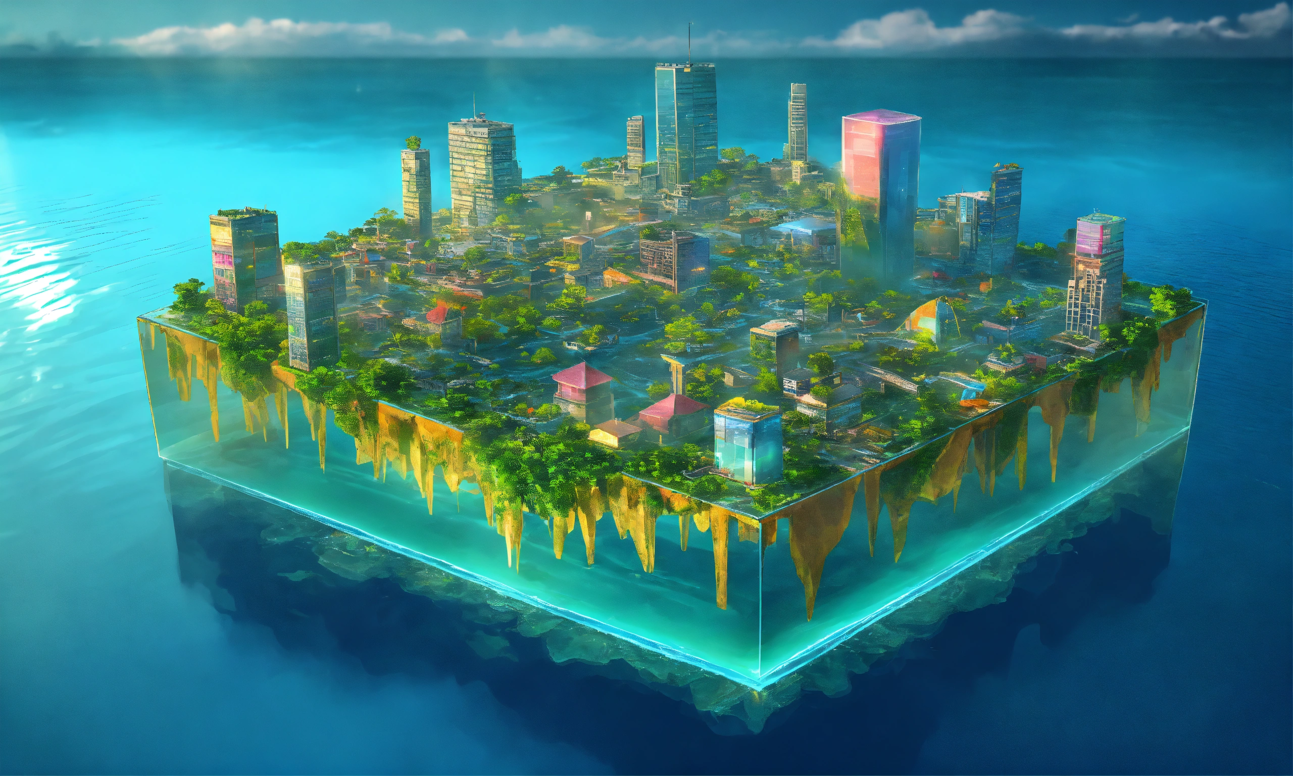Lexica - A single small tropical island alone in the ocean, buildings ...