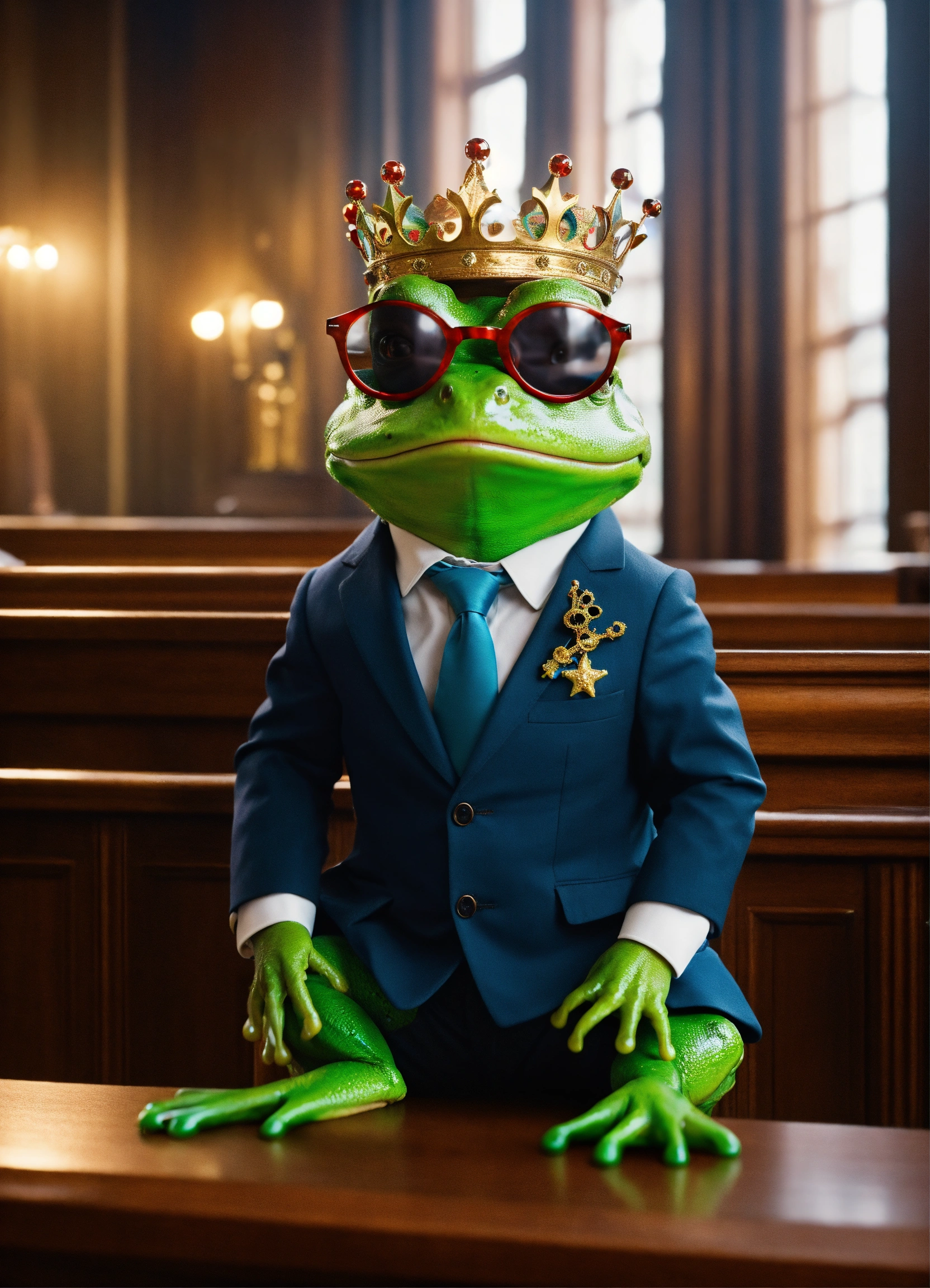 Lexica - Cute frog in suit and glasses in crown court defending warm in ...