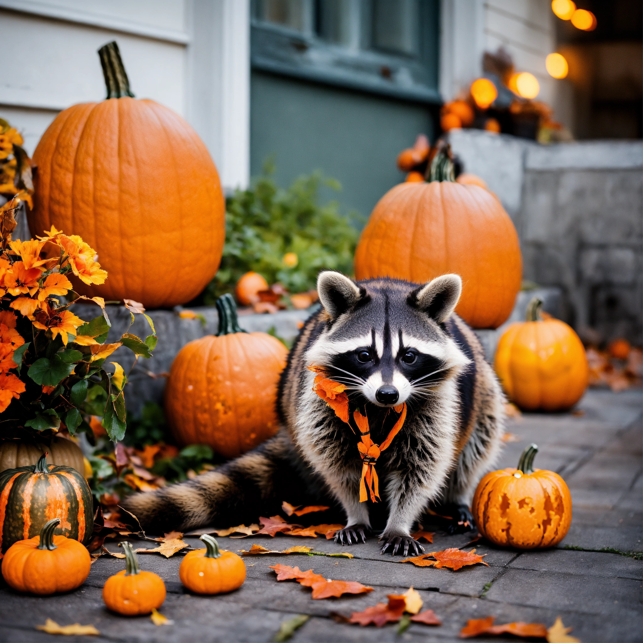 Lexica - A photograph of a raccoon with Halloween decorations and pumpkins