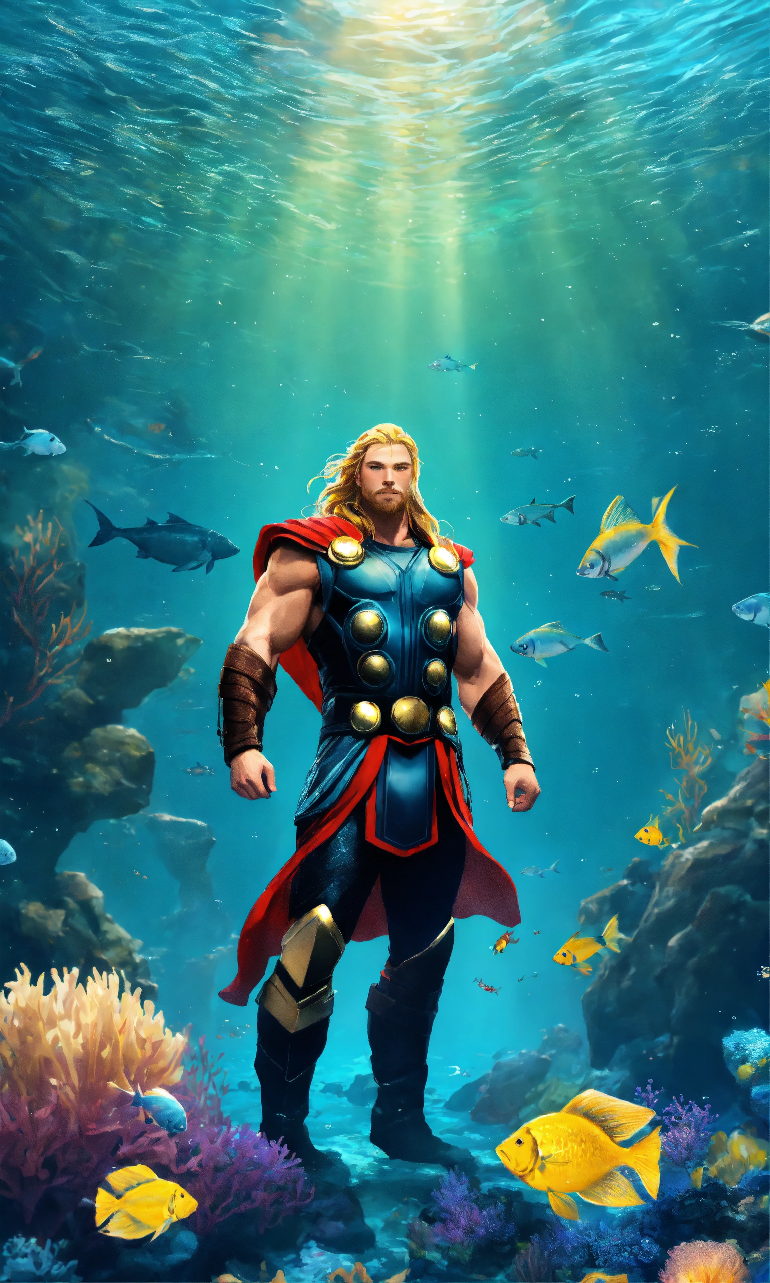 Lexica - Thor with fish underwater in the ocean, nature background, 2D ...