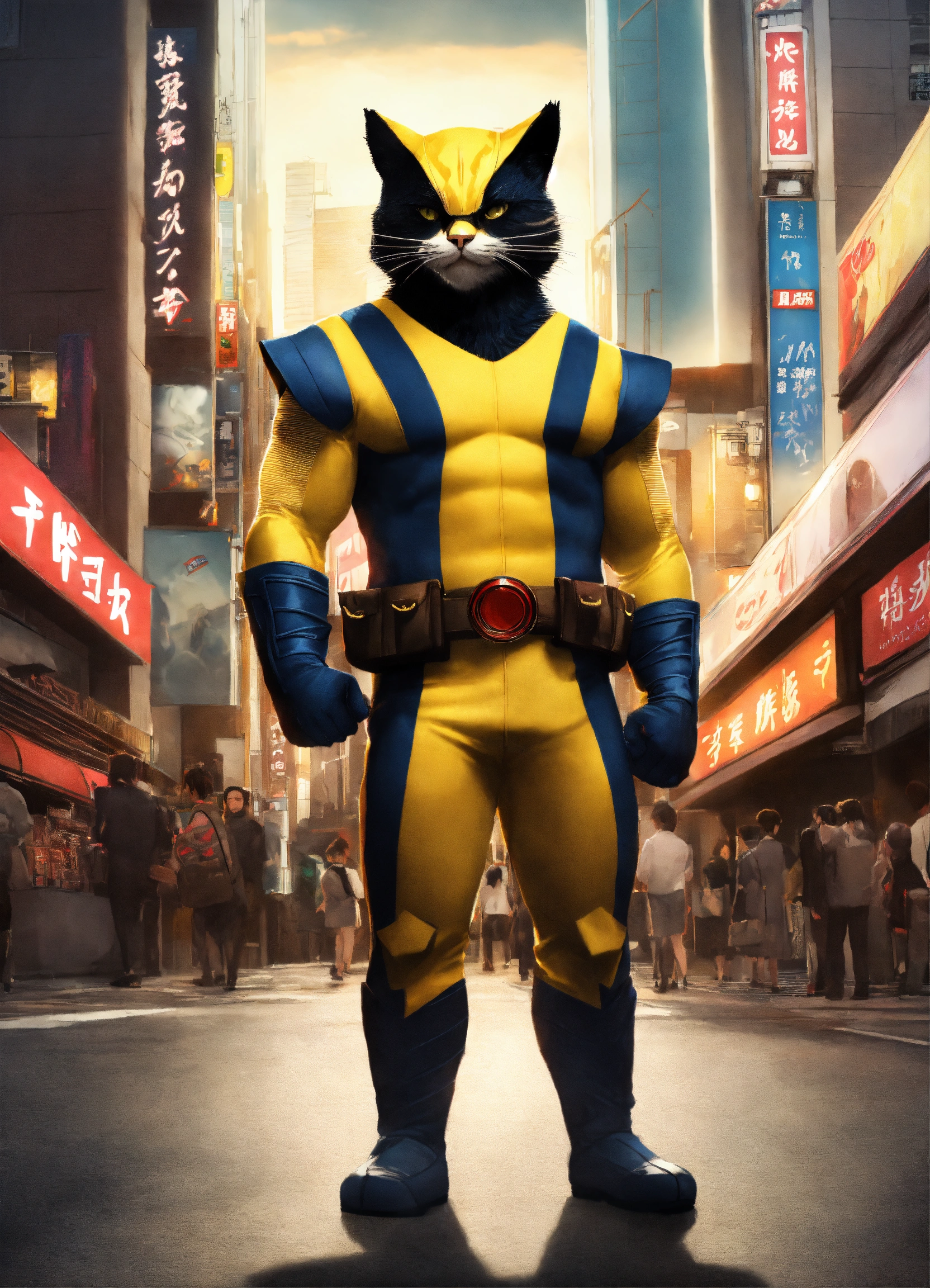 Lexica - A cat wearing a Wolverine suit in Tokyo catching villains ...