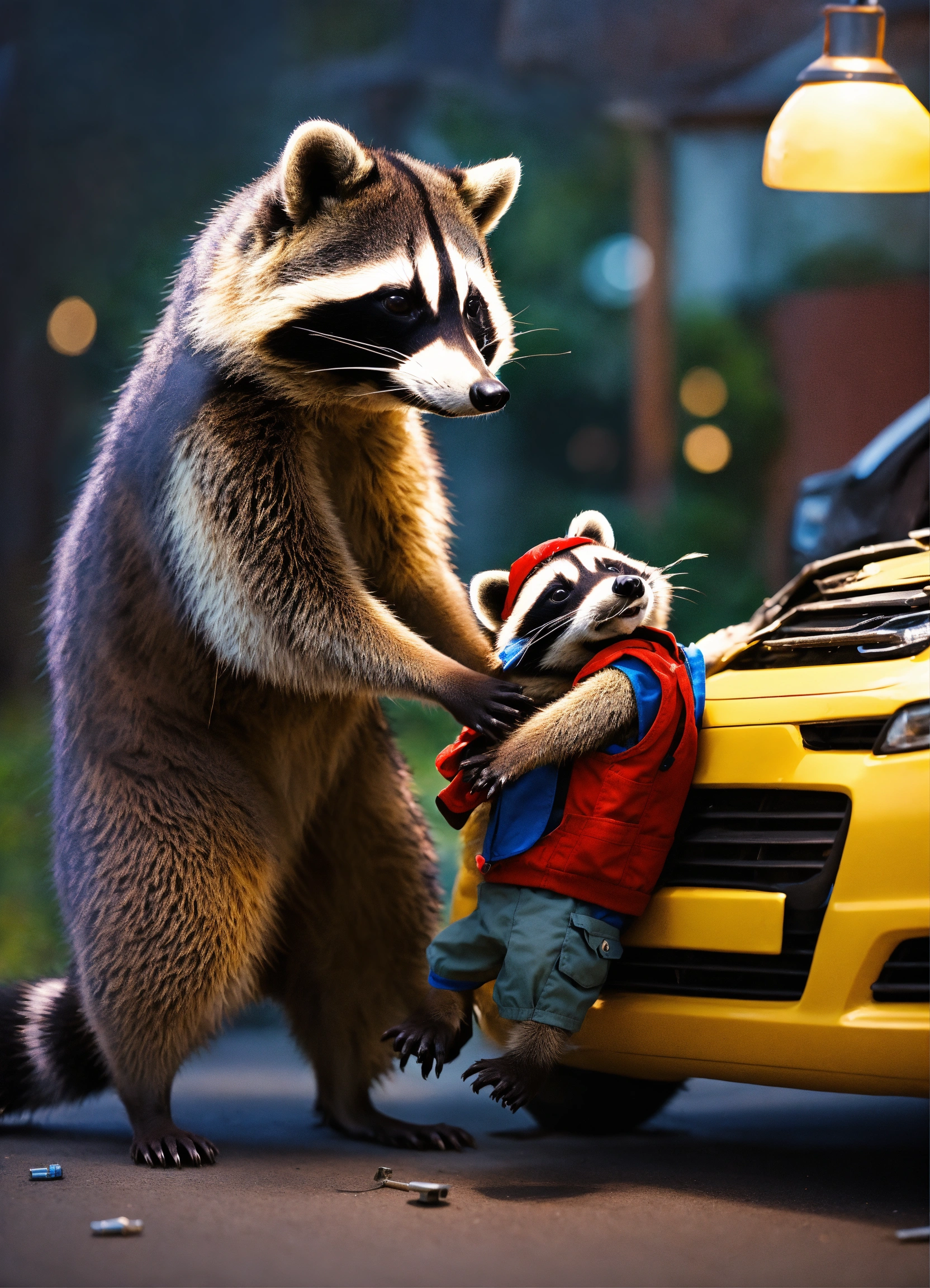 Lexica - A raccoon father teaching a raccoon son how to fix a car, life ...