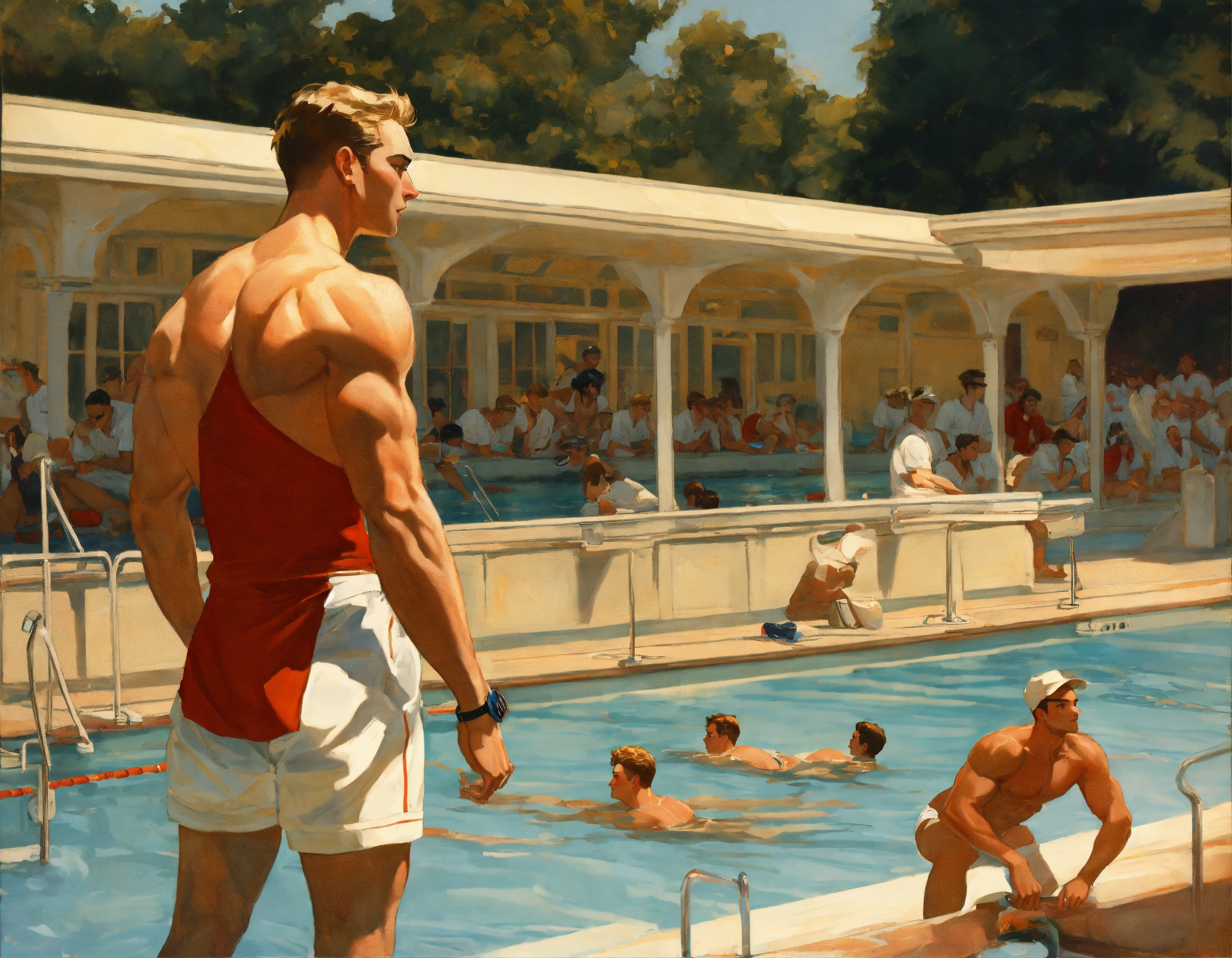 Lexica - A muscular lifeguard in white polo, white shorts, watching a ...