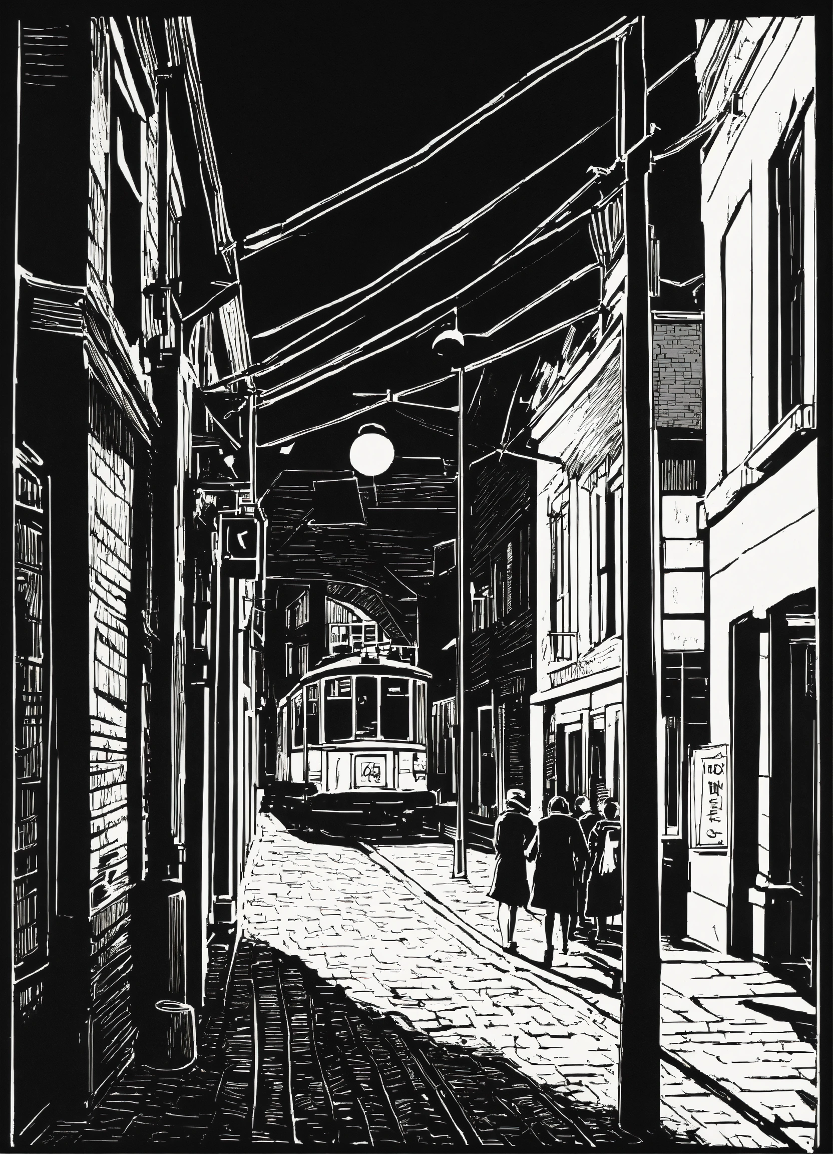 Lexica - An award winning black and white linocut of a nor film scene