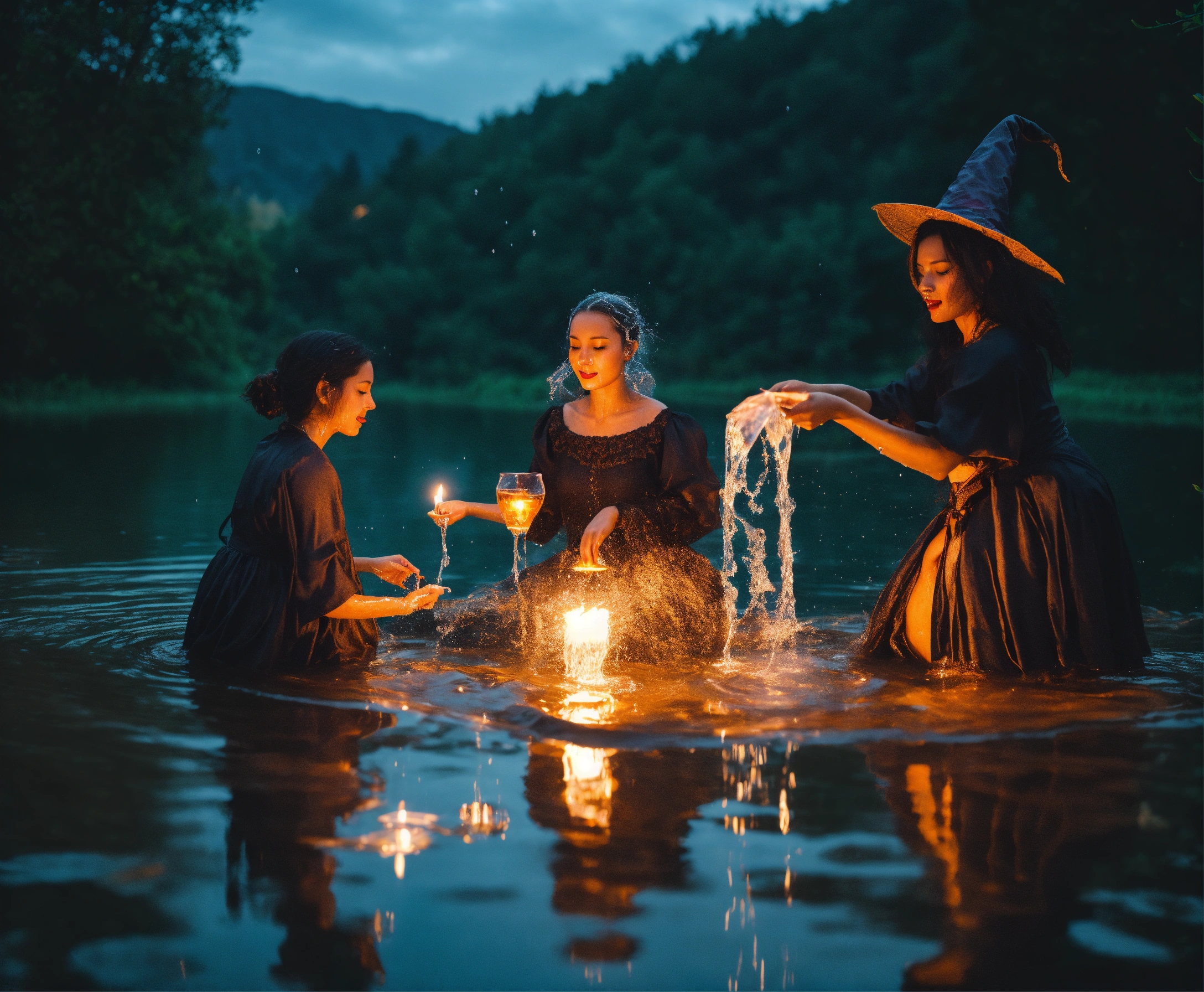 Lexica - Witch women playing with magic floating water.