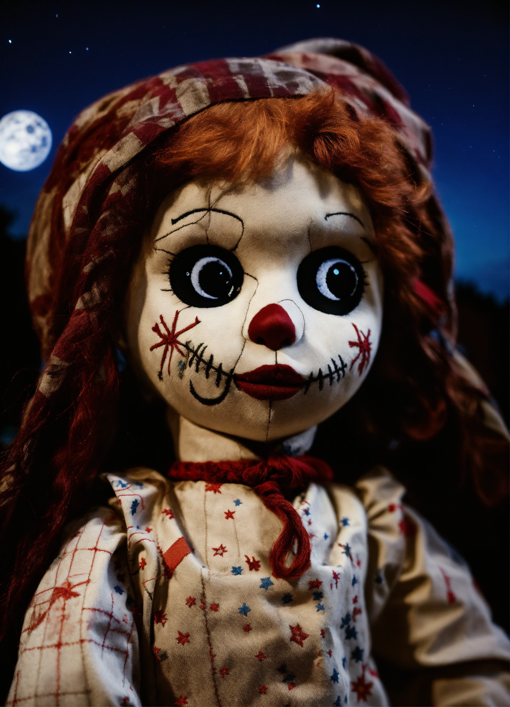Lexica - The face of a scary rag doll with stitches and patches against ...
