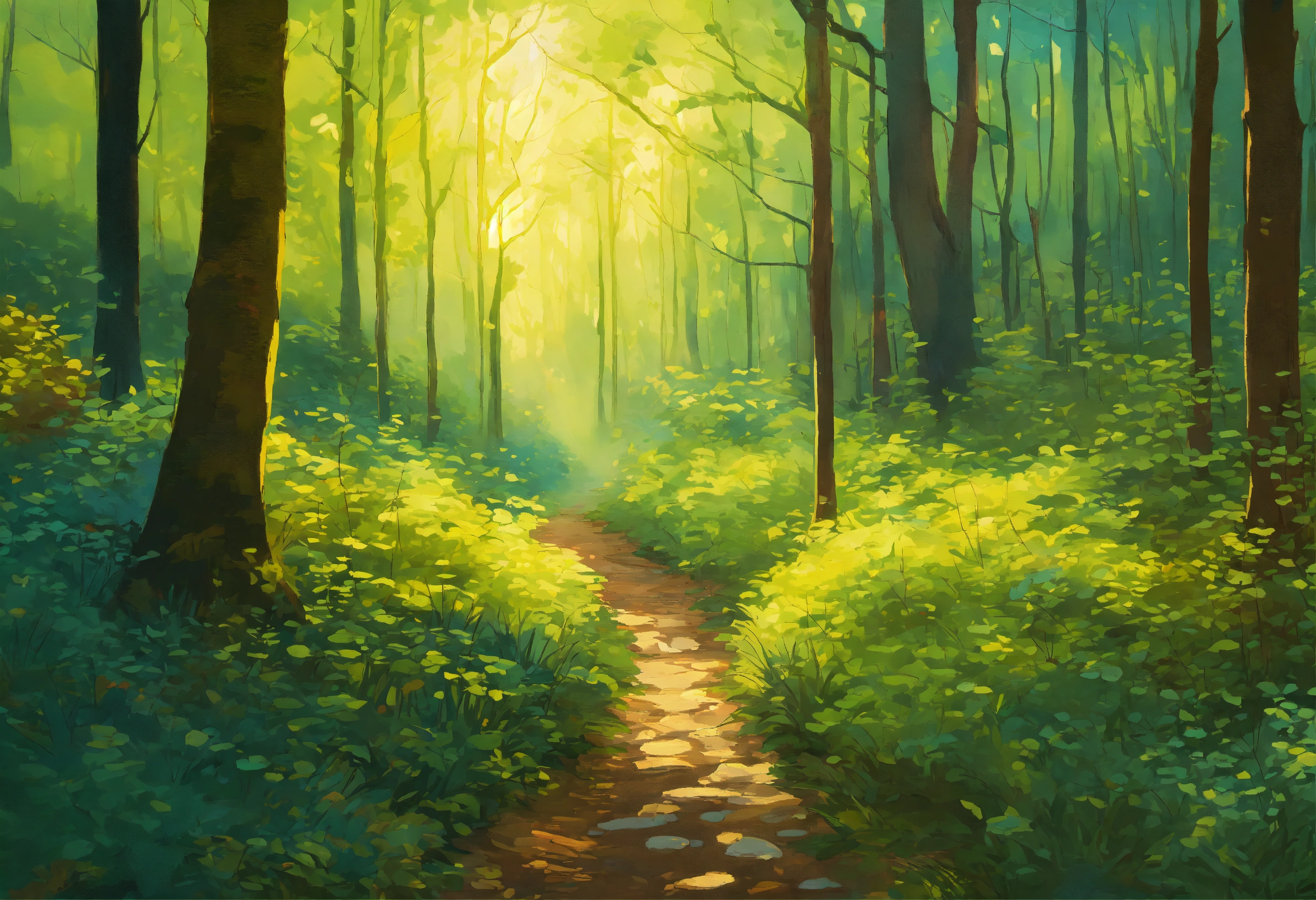 Lexica - A tranquil forest landscape with gentle rays of sunlight ...