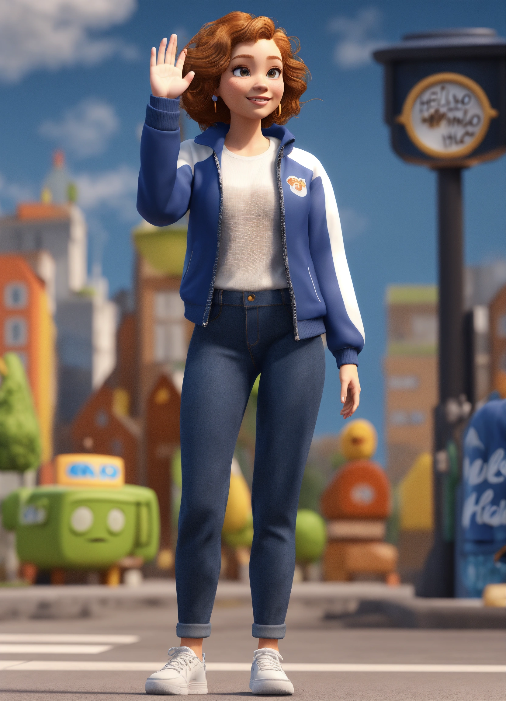 Lexica - (standing white woman), dark blue jacket, white t-shirt ...