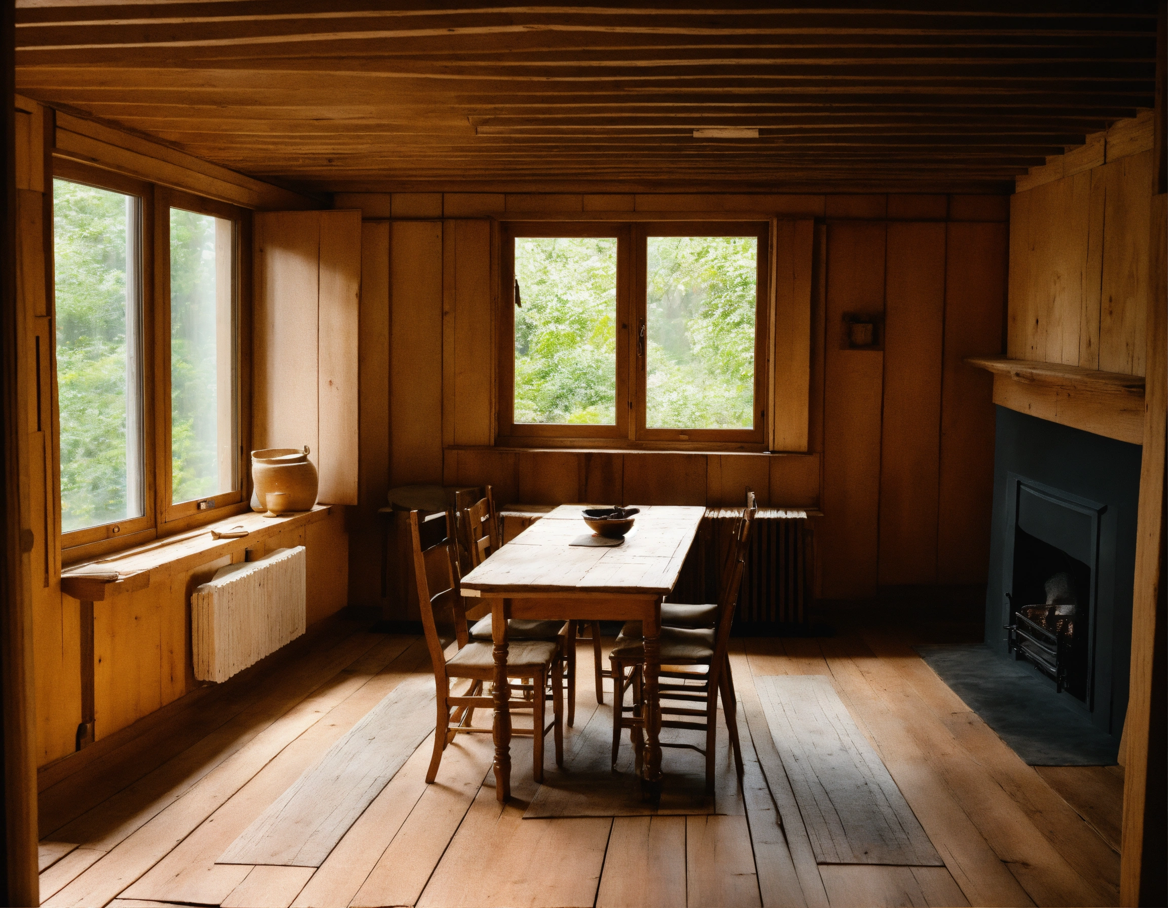 Lexica - A humble, almost empty living room, with an unsanded wooden ...