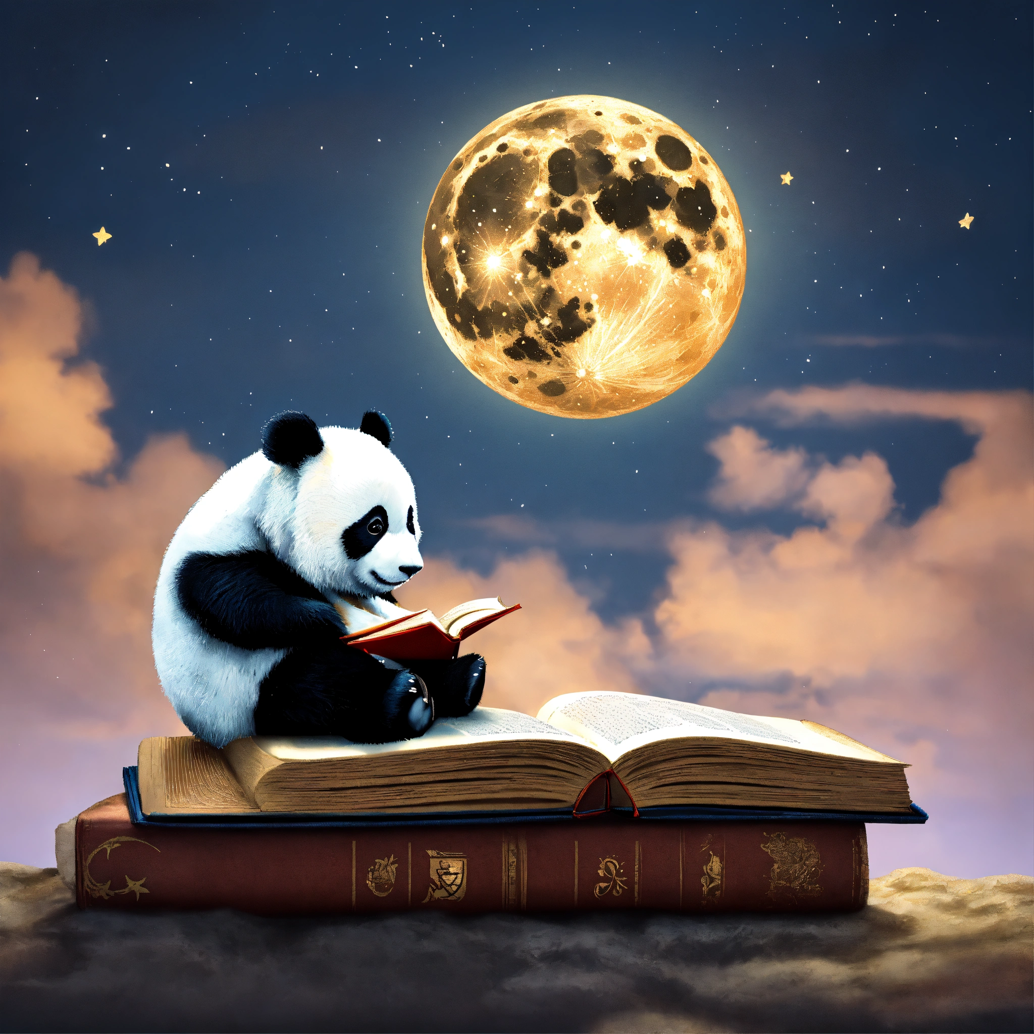 Lexica - A minuscule panda sitting on top of the moon under a cloudy ...