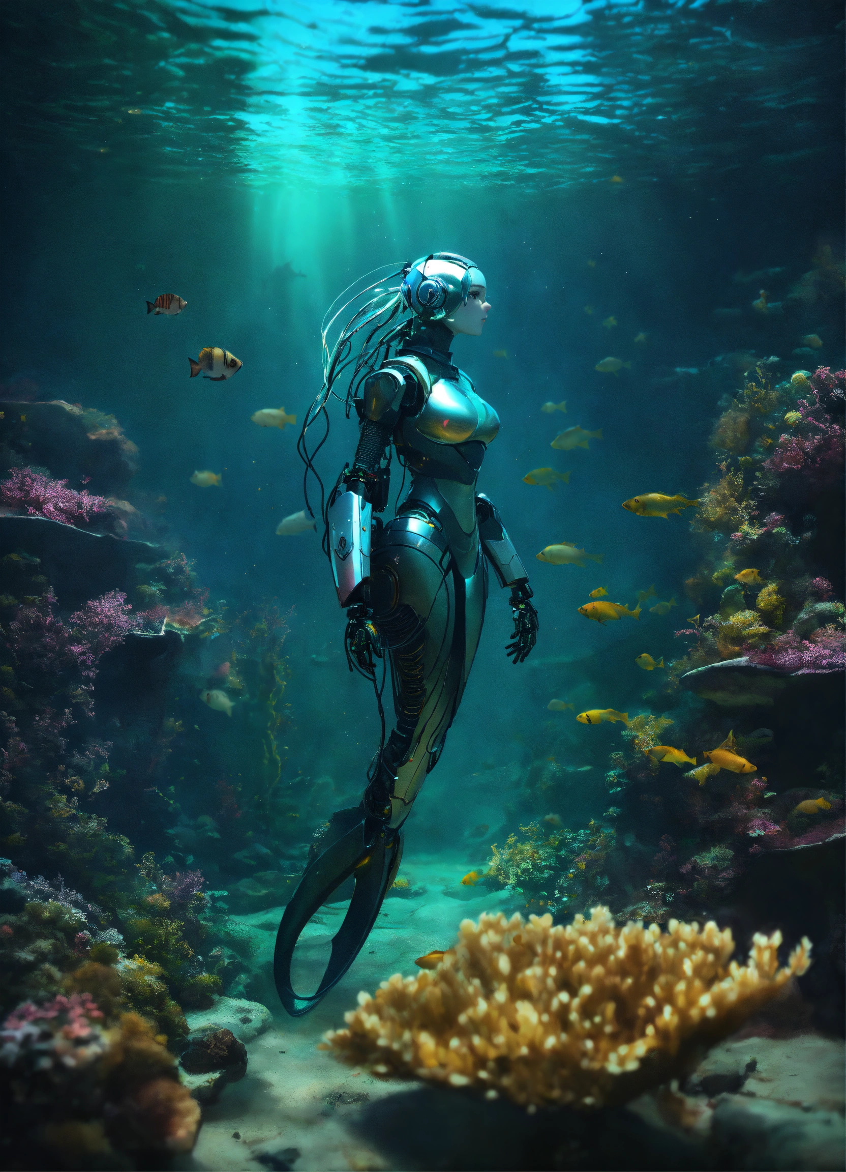 Lexica - A robot mermaid, in the bottom of the sea, dark light , whit a ...