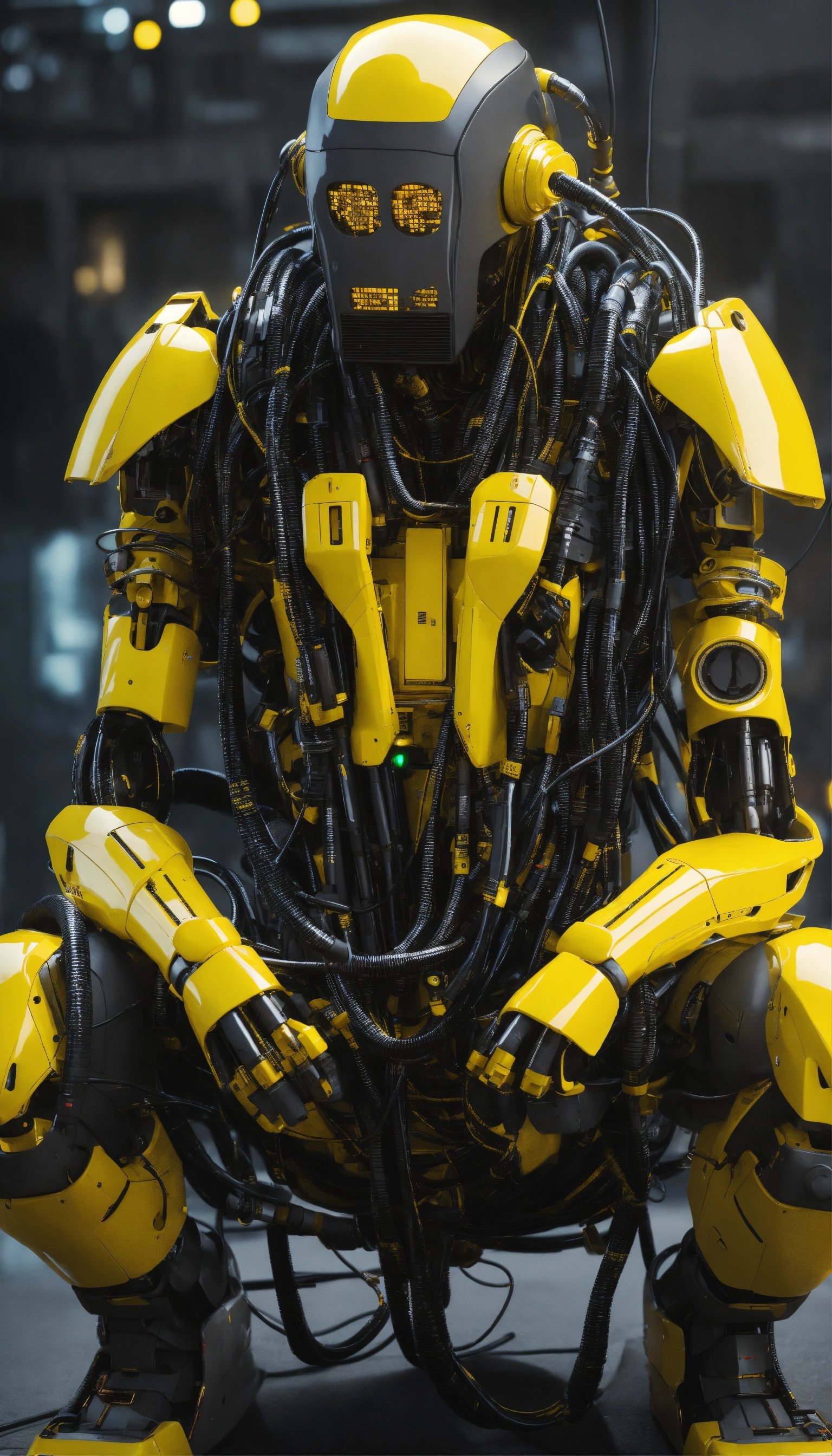 Lexica - Faceless cyberpunk robot with many cables and hoses sitting ...