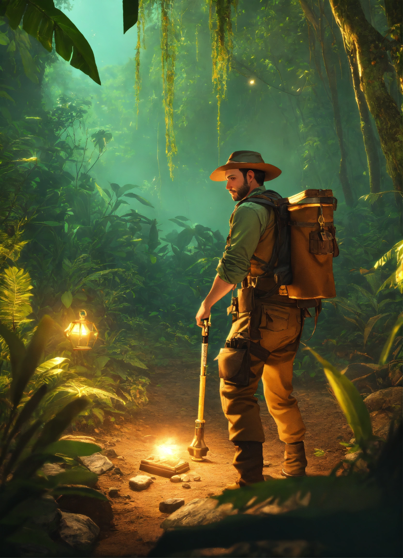 Lexica - A 35-years-old Treasure Hunter with a explorer hat and dressed ...