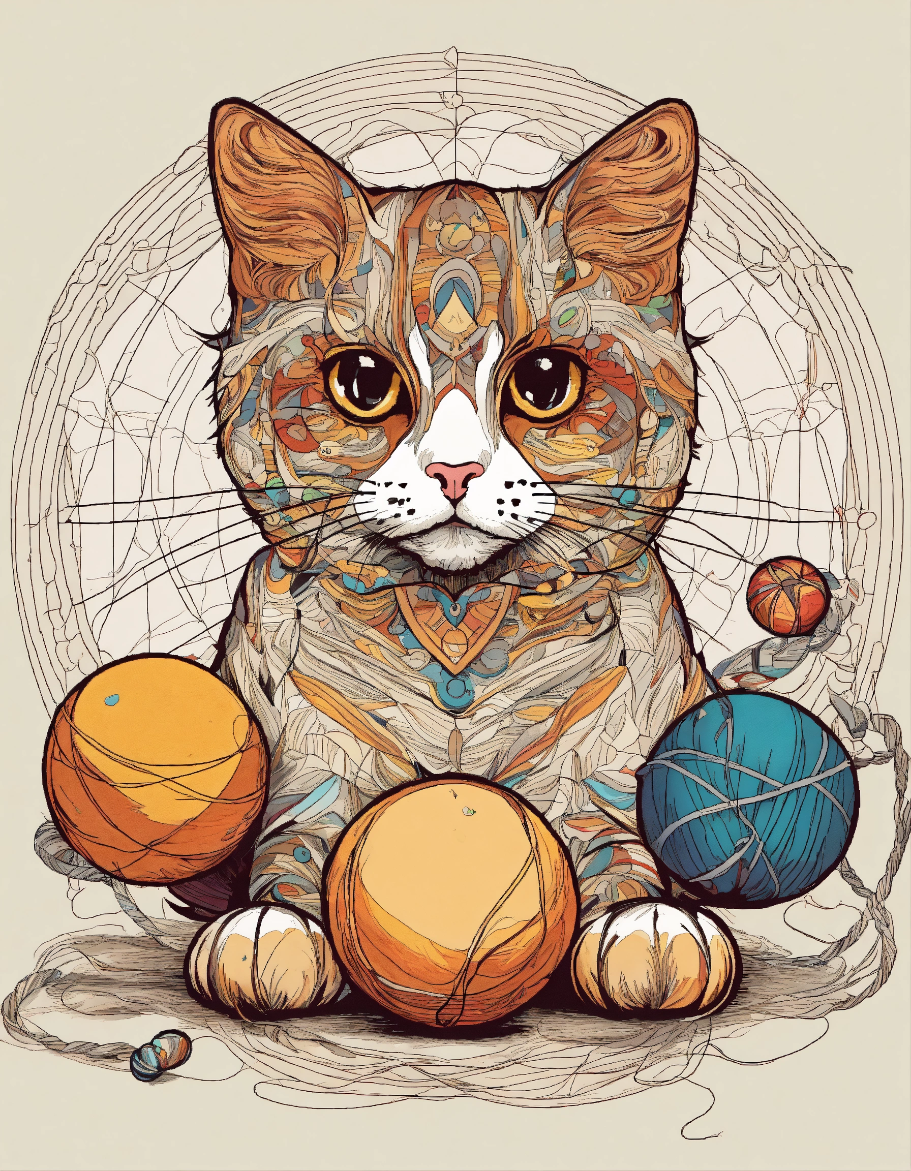 Lexica - Fun image of a very detailed cat playing with balls of thread ...