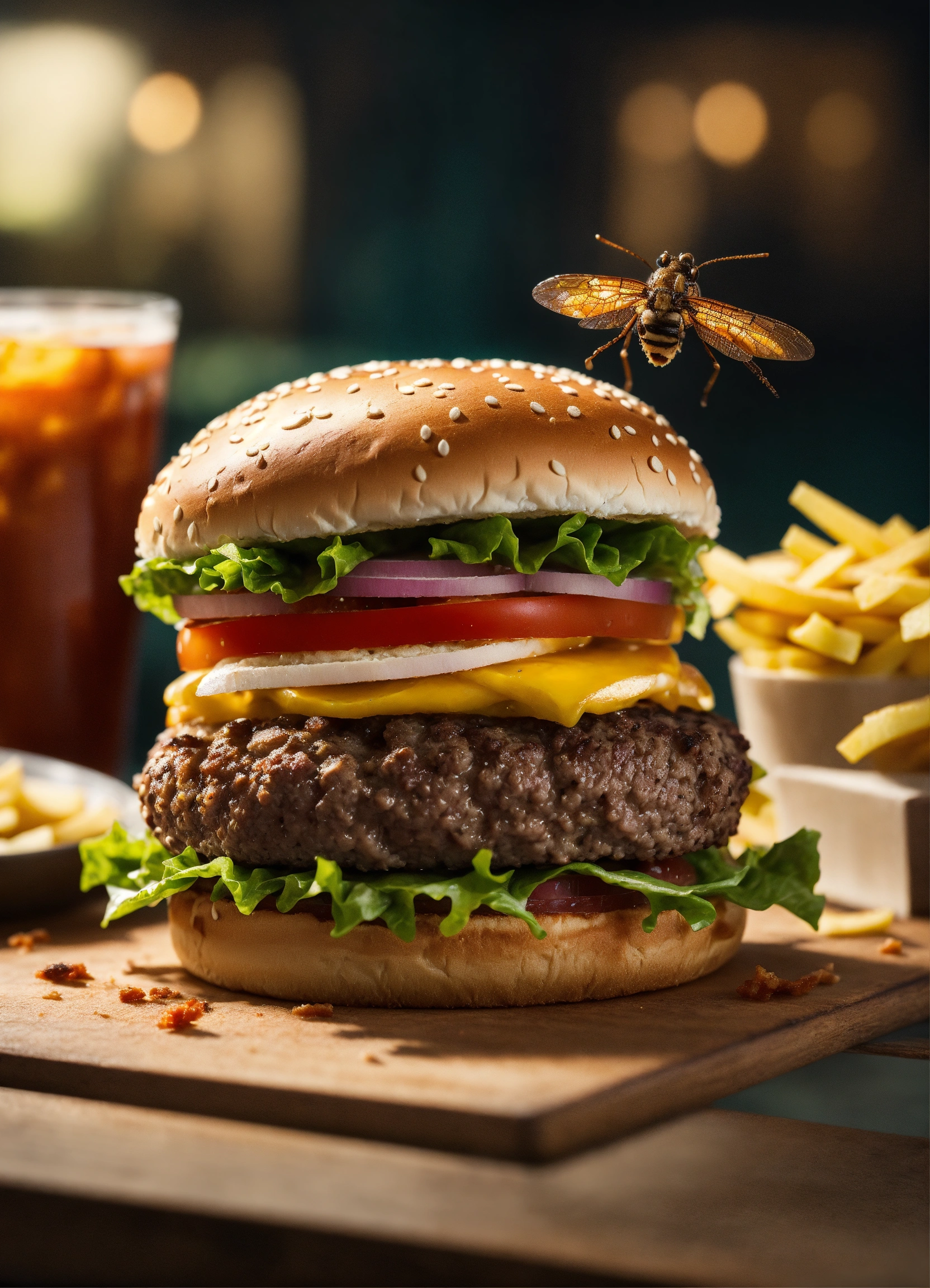 Lexica - Bird's-eye view, Burger King burger with insect, moody ...
