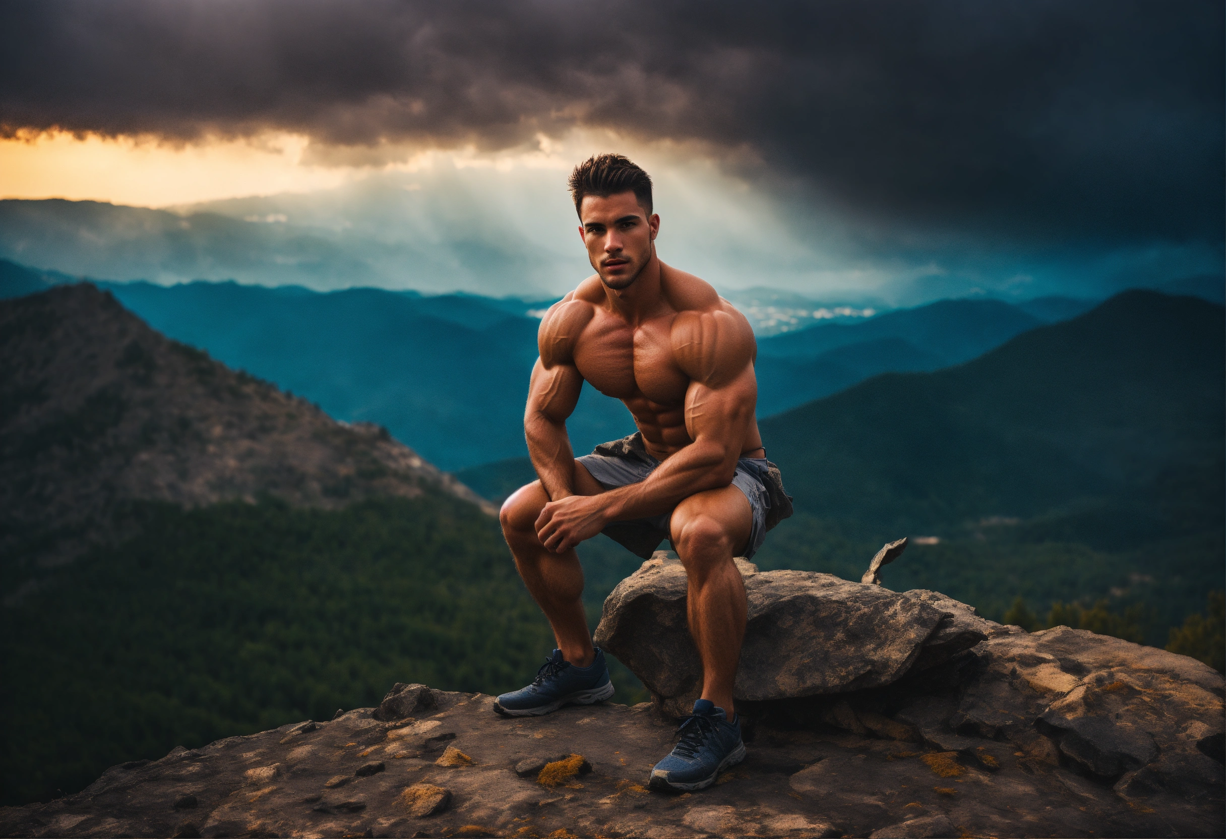 Lexica - An attractive guy with a muscular build on a mountaintop ...