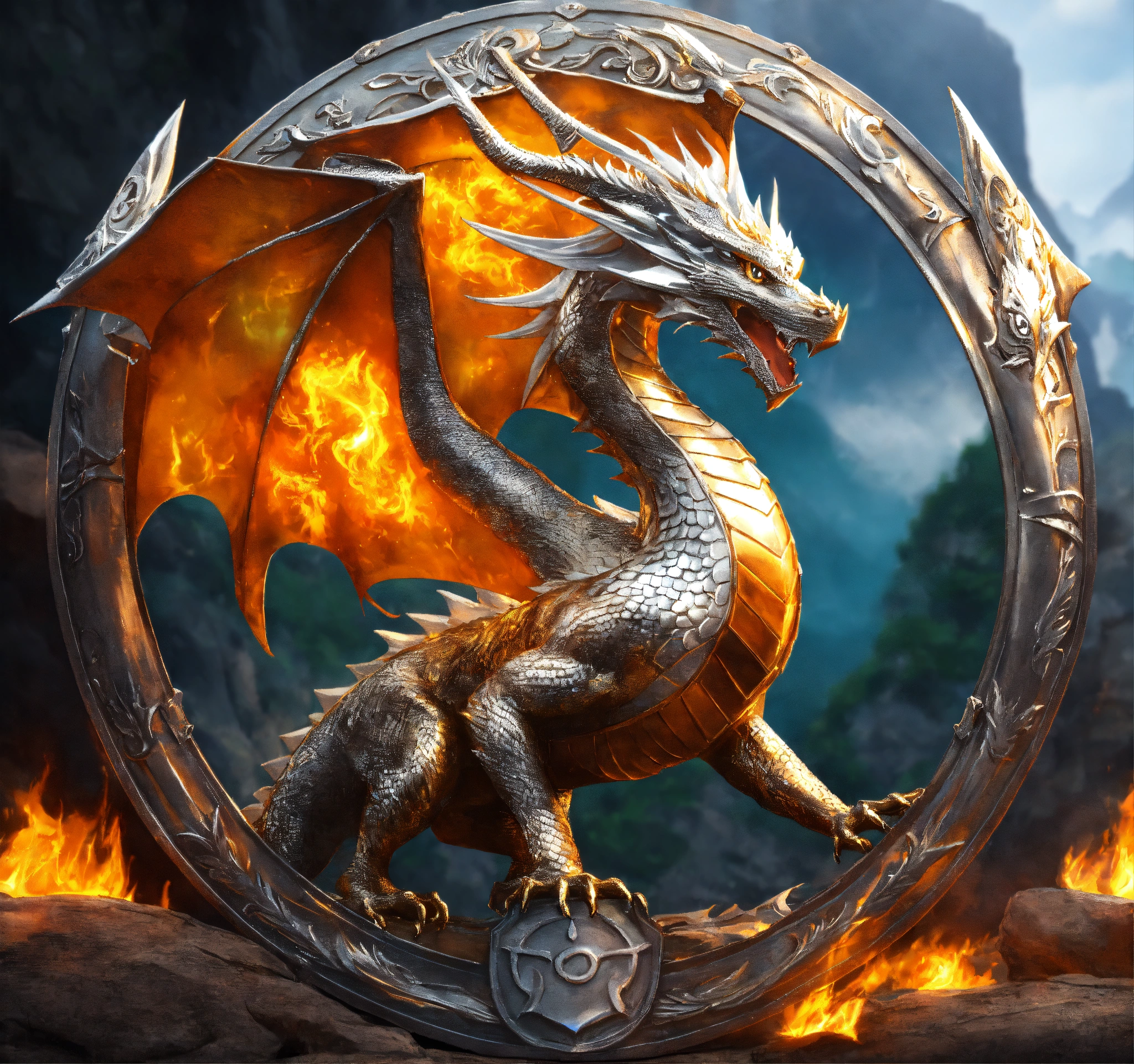 Lexica - A shield of silver with a silver dragon breathing fire