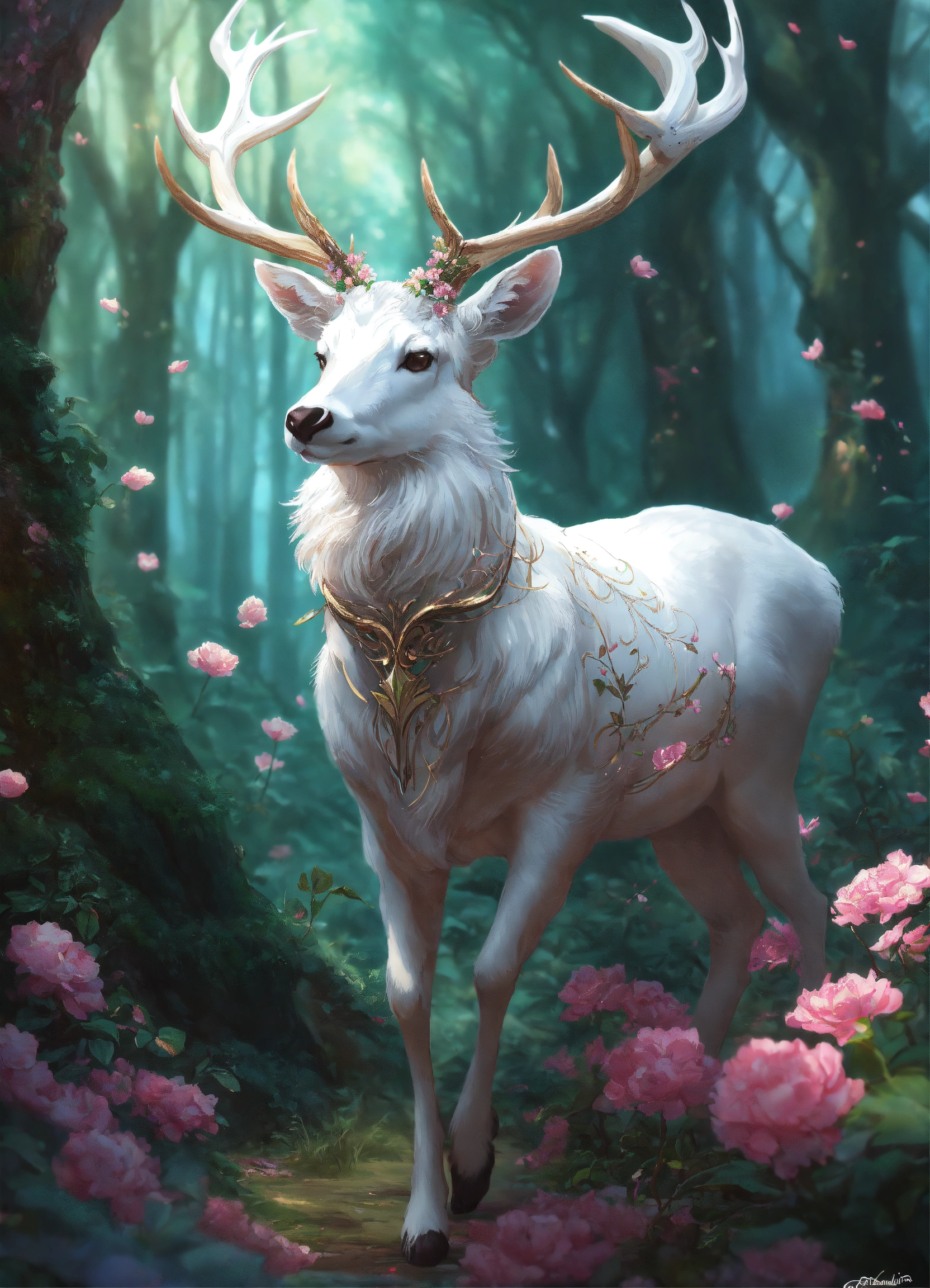 Lexica - Big animal white deer, armor magic, running around forest ...