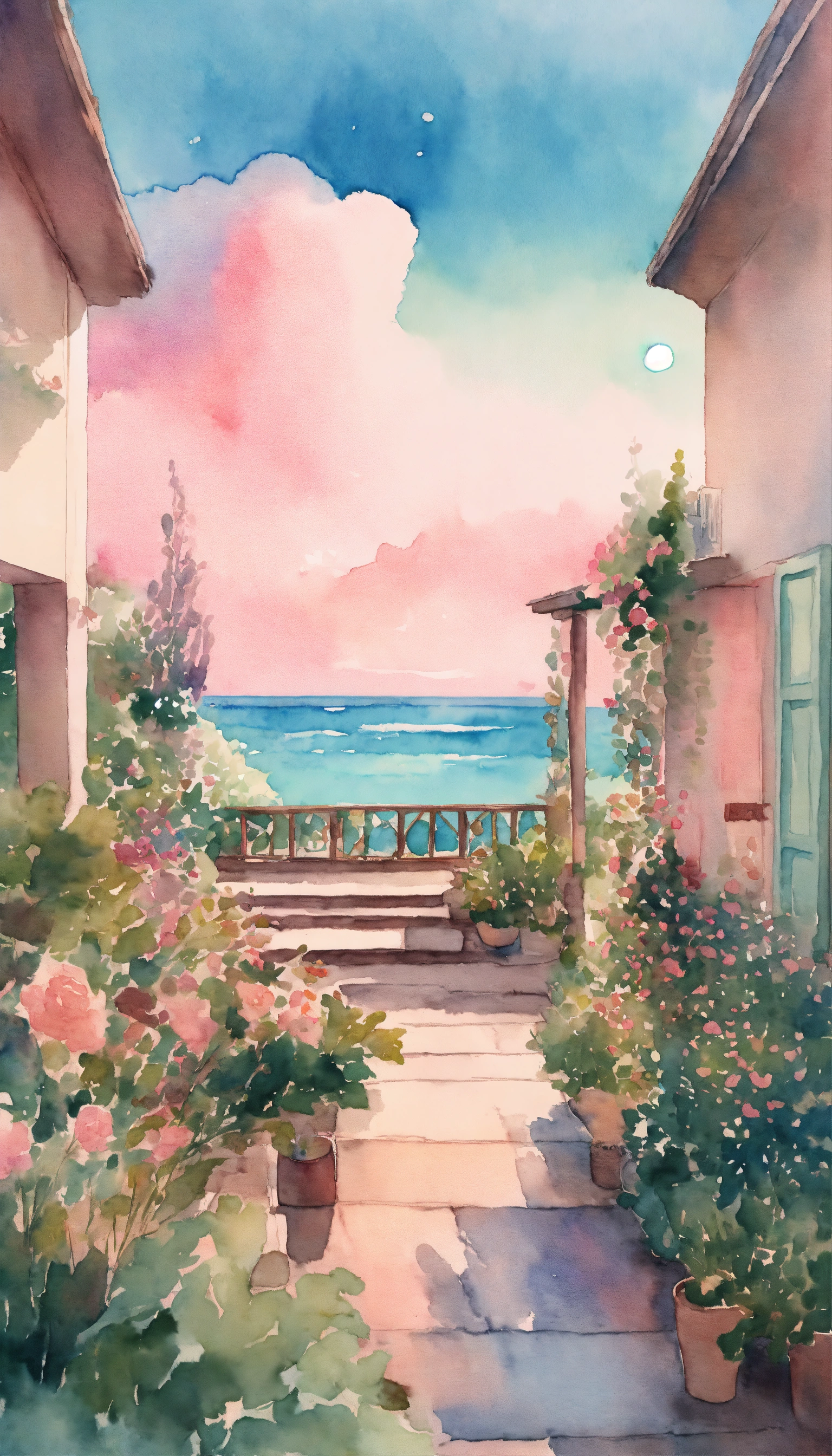 Lexica - Watercolor, wide-angle perspective, dreamlike garden, ocean ...