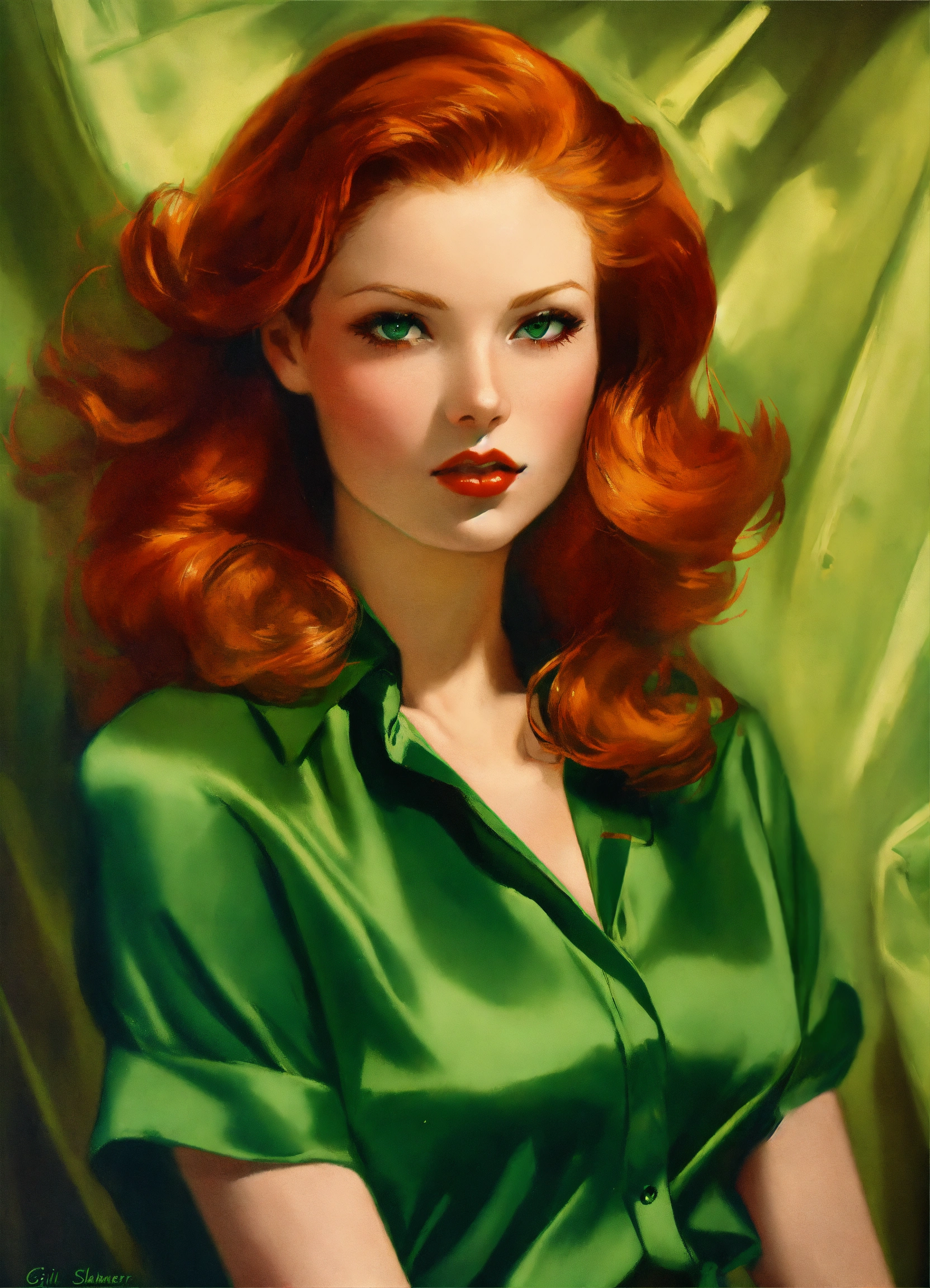 Lexica 2d art. Beautiful redhead with Green eye colour. Straight hair