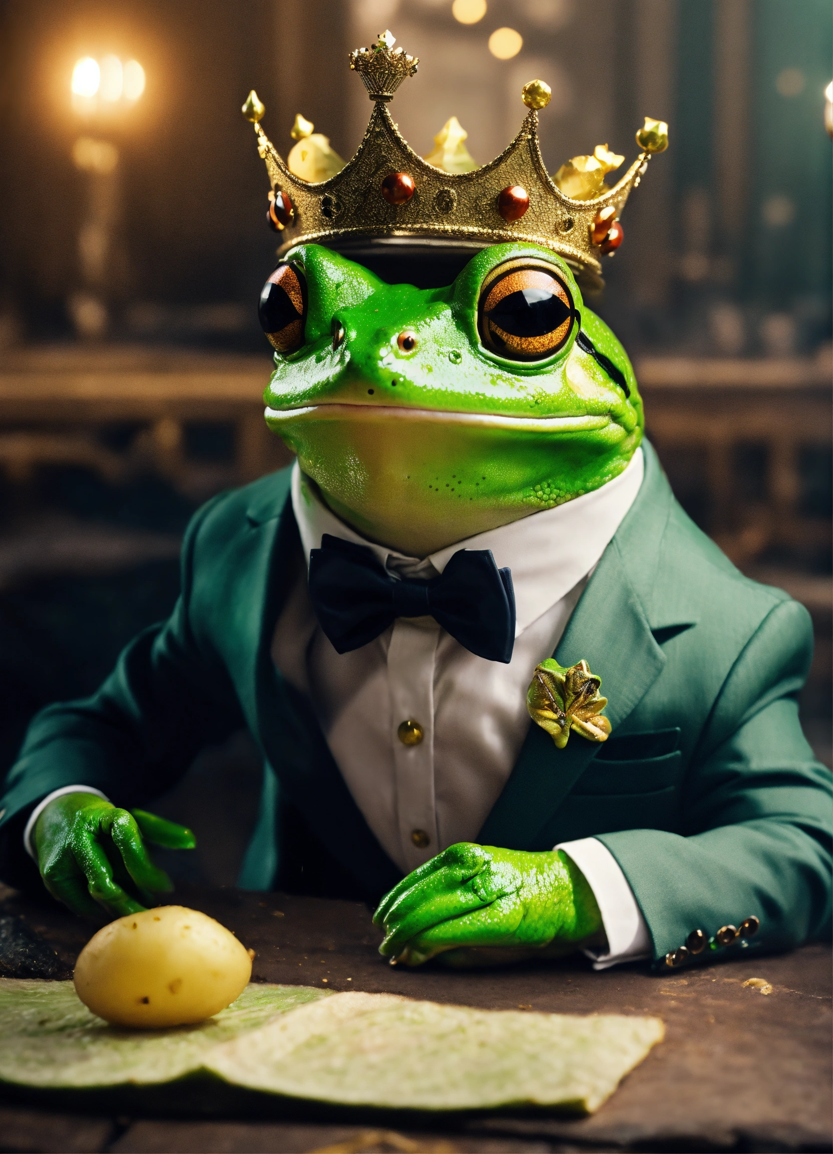 Lexica - Cute frog in suit and glasses and crown in cinematic ...