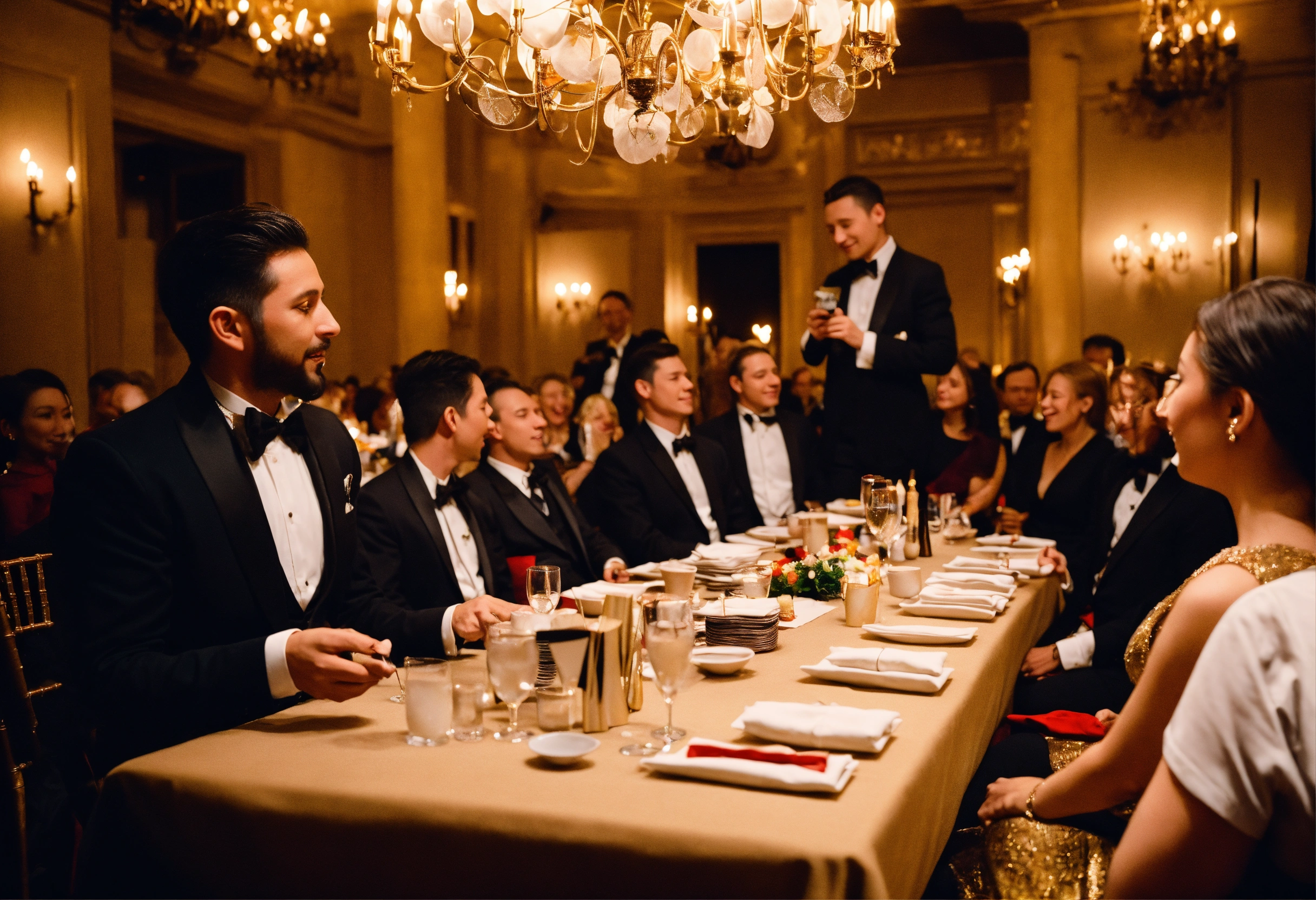 Lexica - A magician performs a card trick for a group of people seated ...