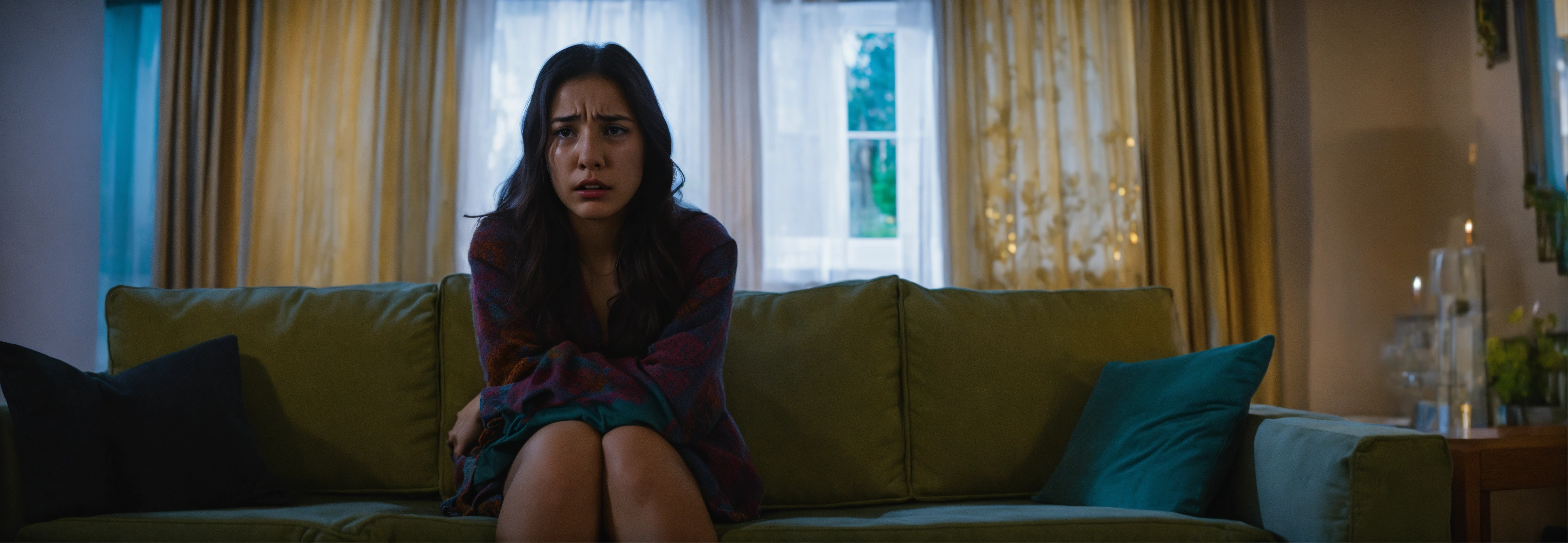 Lexica - A beautiful young woman sits alone on a couch, frightened and ...
