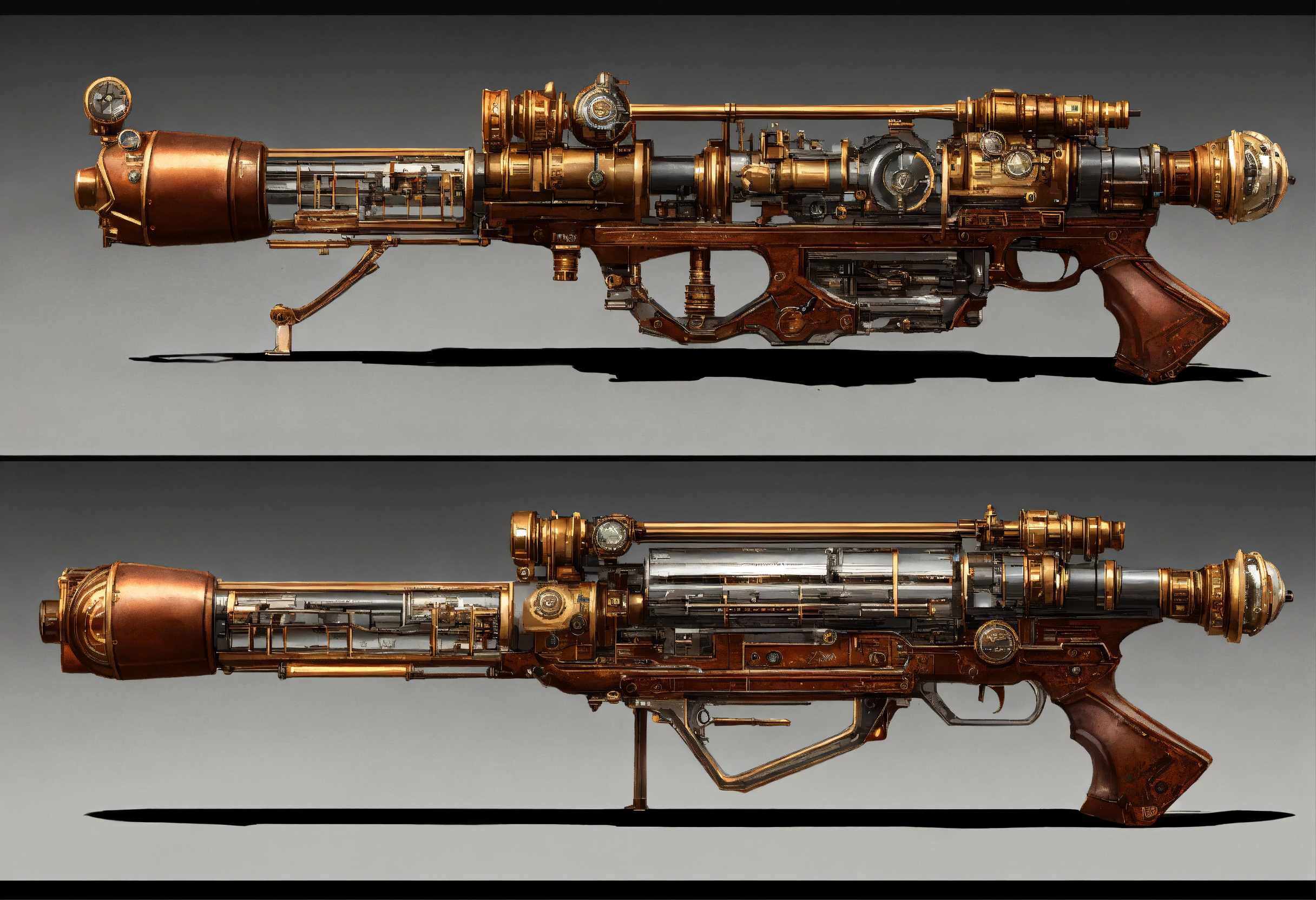 Lexica - Side view of the full image of a steampunk energy rifle