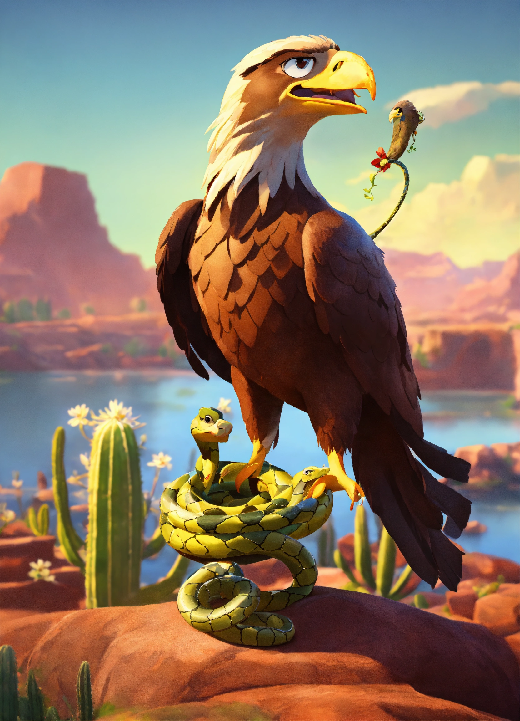 Lexica - Pixar animation of a brown Eagle eating a ((snake)), standing ...