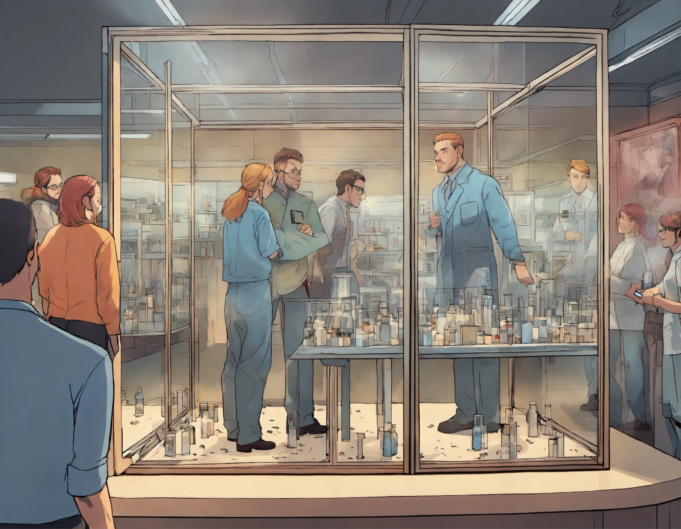 Lexica - Comic Show me a lab with a couple of people behind a glass ...