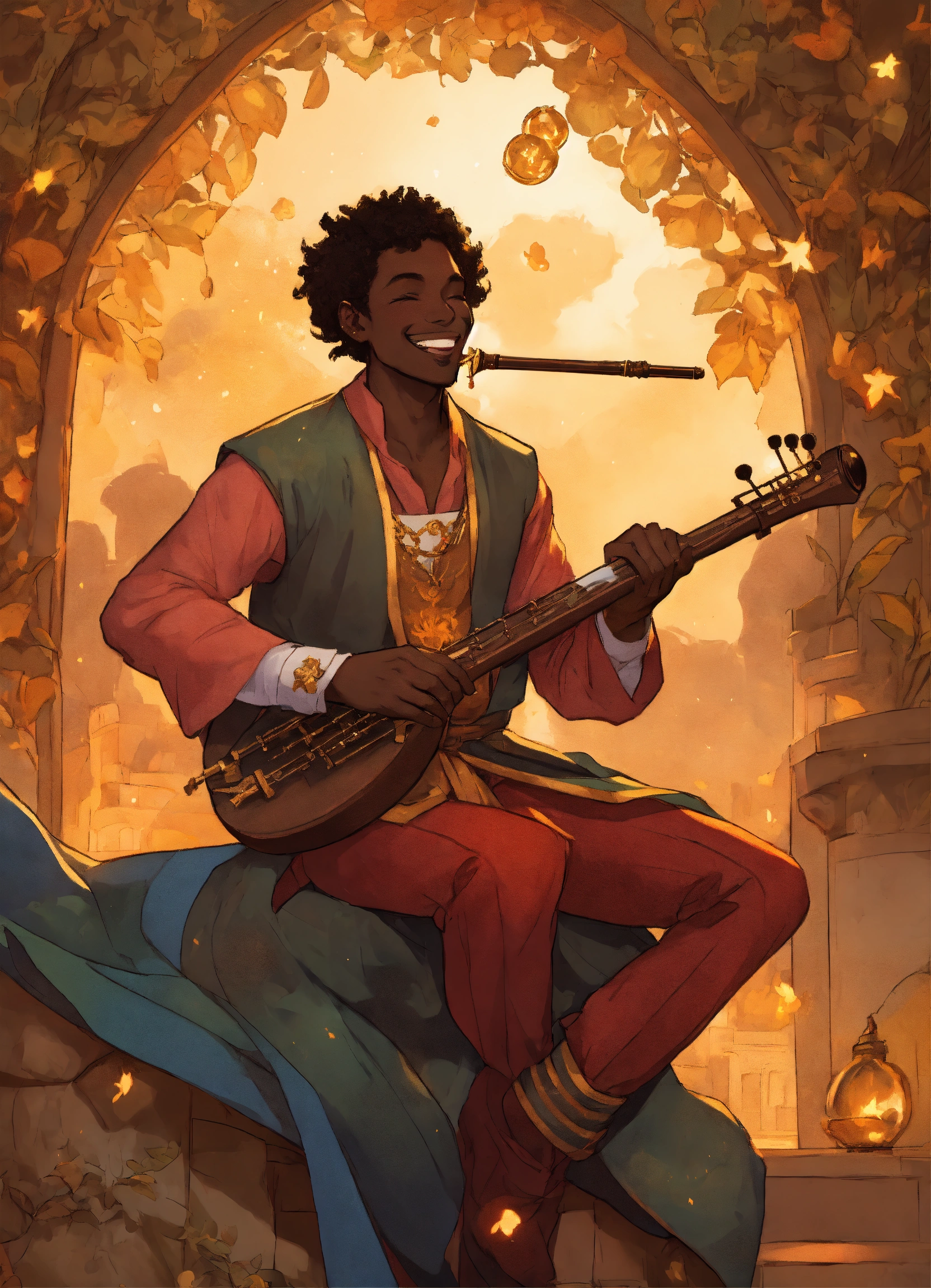 Lexica - A grinning black bard entertainer, winking, with celestial ...
