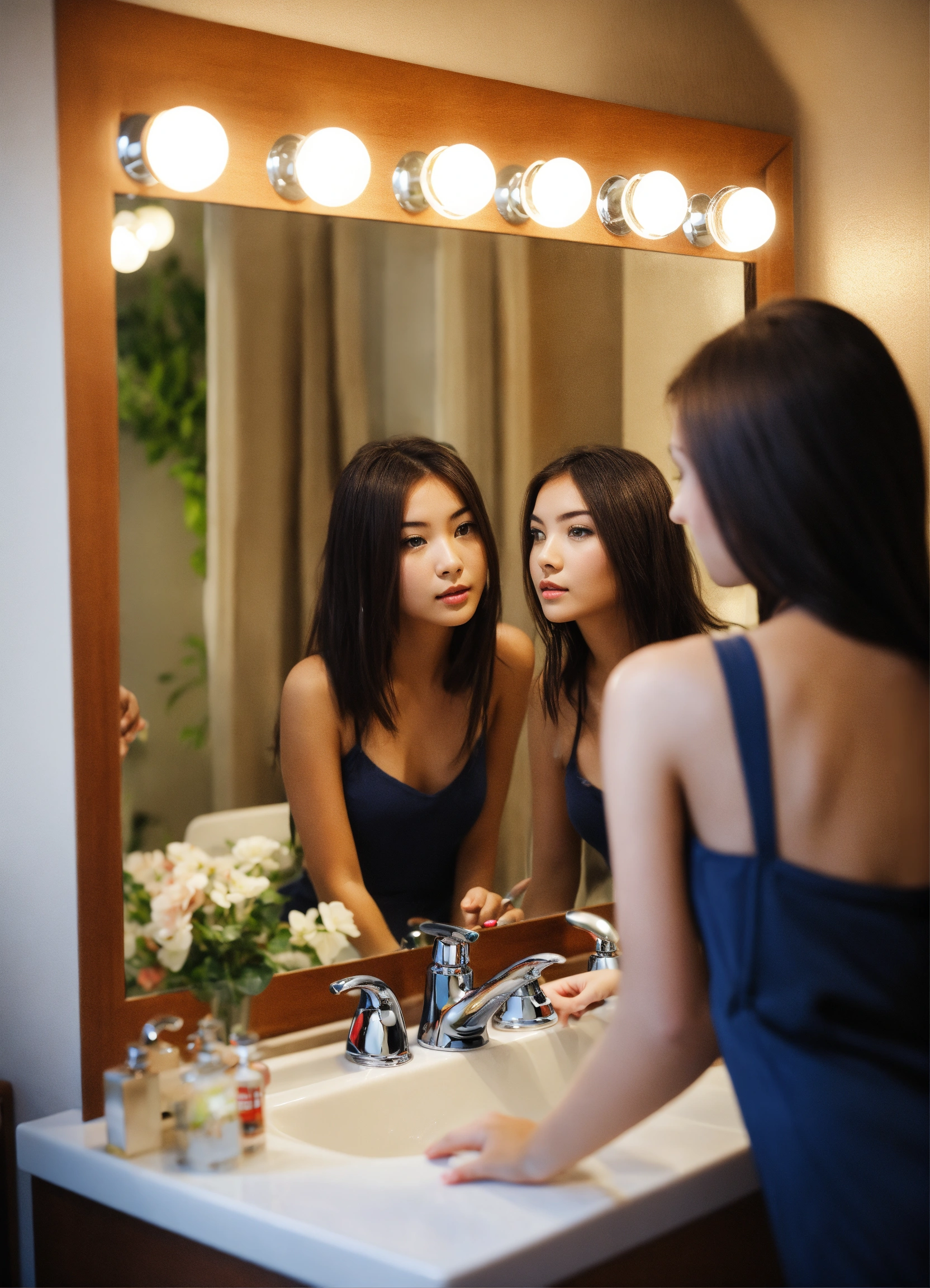 Lexica - Group of Beautiful girls, mirror, getting ready, indoor ...