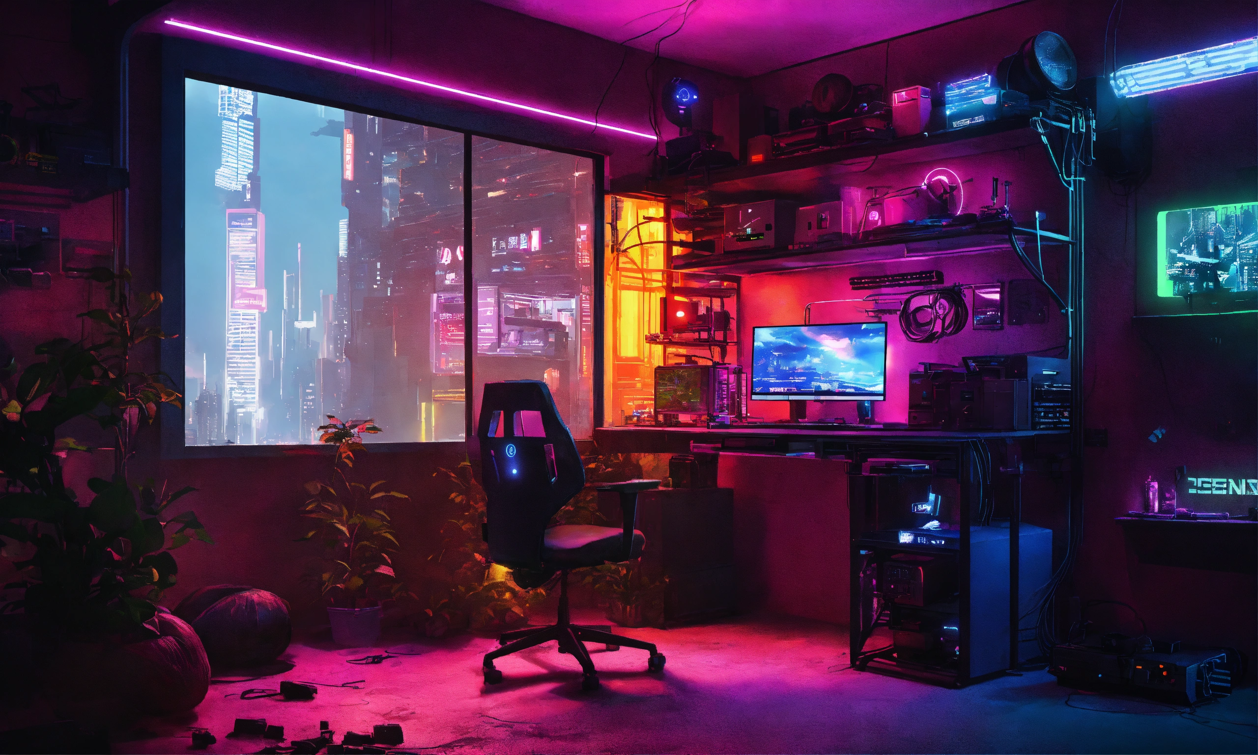Lexica - A cyberpunk room with a PC setup that has a stark aesthetic ...