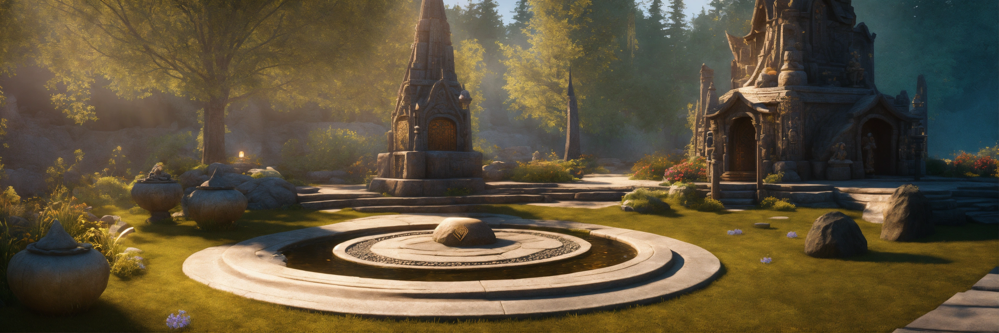 Lexica - A spiritual gnomes stone temple garden.sculptured . Style of alex  grey,giger.unreal engine.winding path. Pond. Fire pit.meditation  seat.tote...