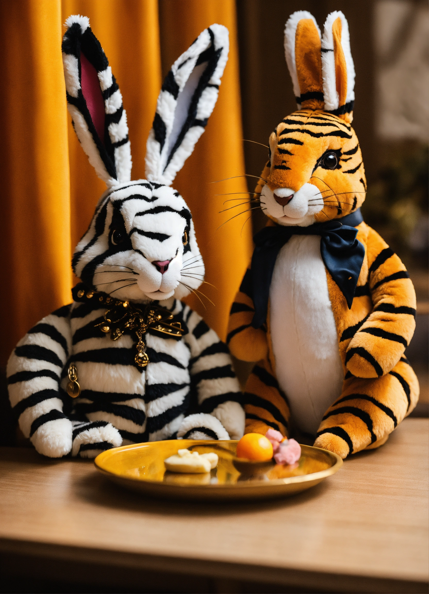 Lexica - A stuffed zebra and a rabbit in tiger color are sitting at a ...