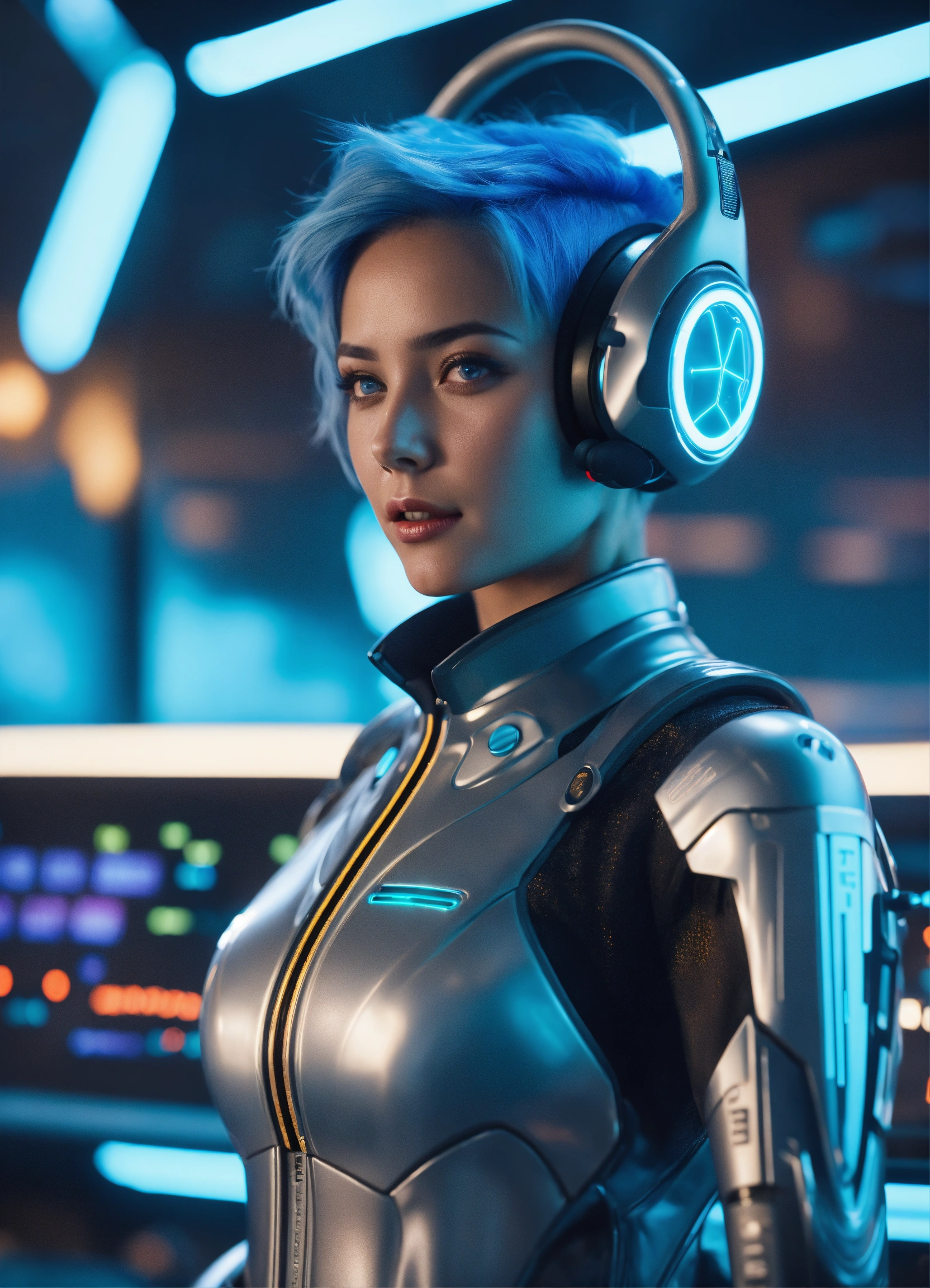 Lexica - Zoom out of a charming girl with blue hair wearing a tight ...