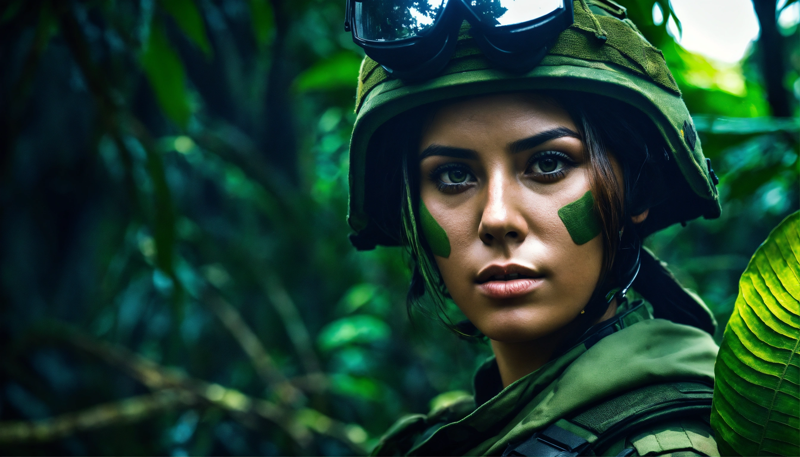 Lexica - Female commandos in jungle, perfect face, full camouflage, HDR ...