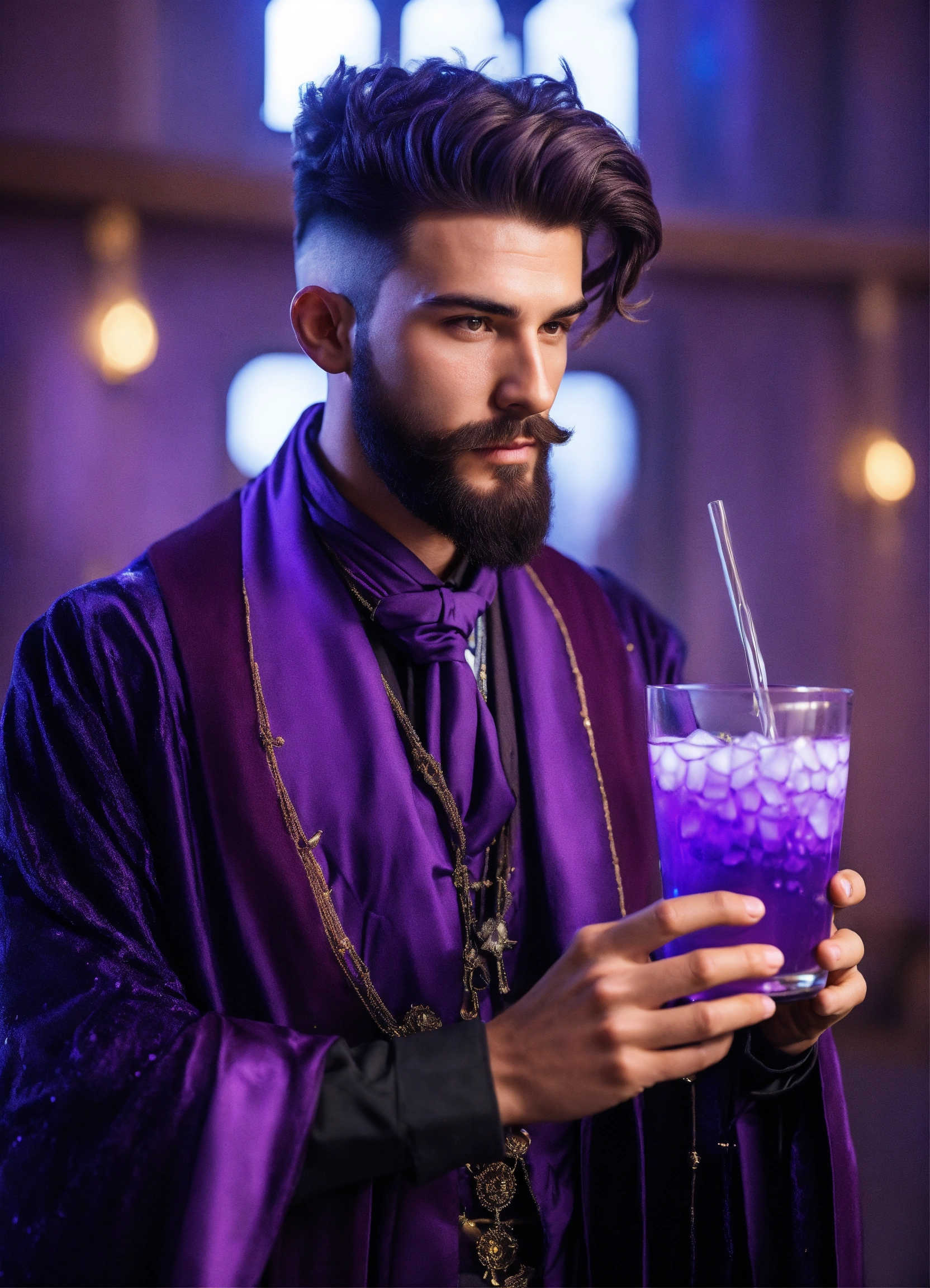 Lexica - Handsome wizard with modern hairstyle holding a purple drink