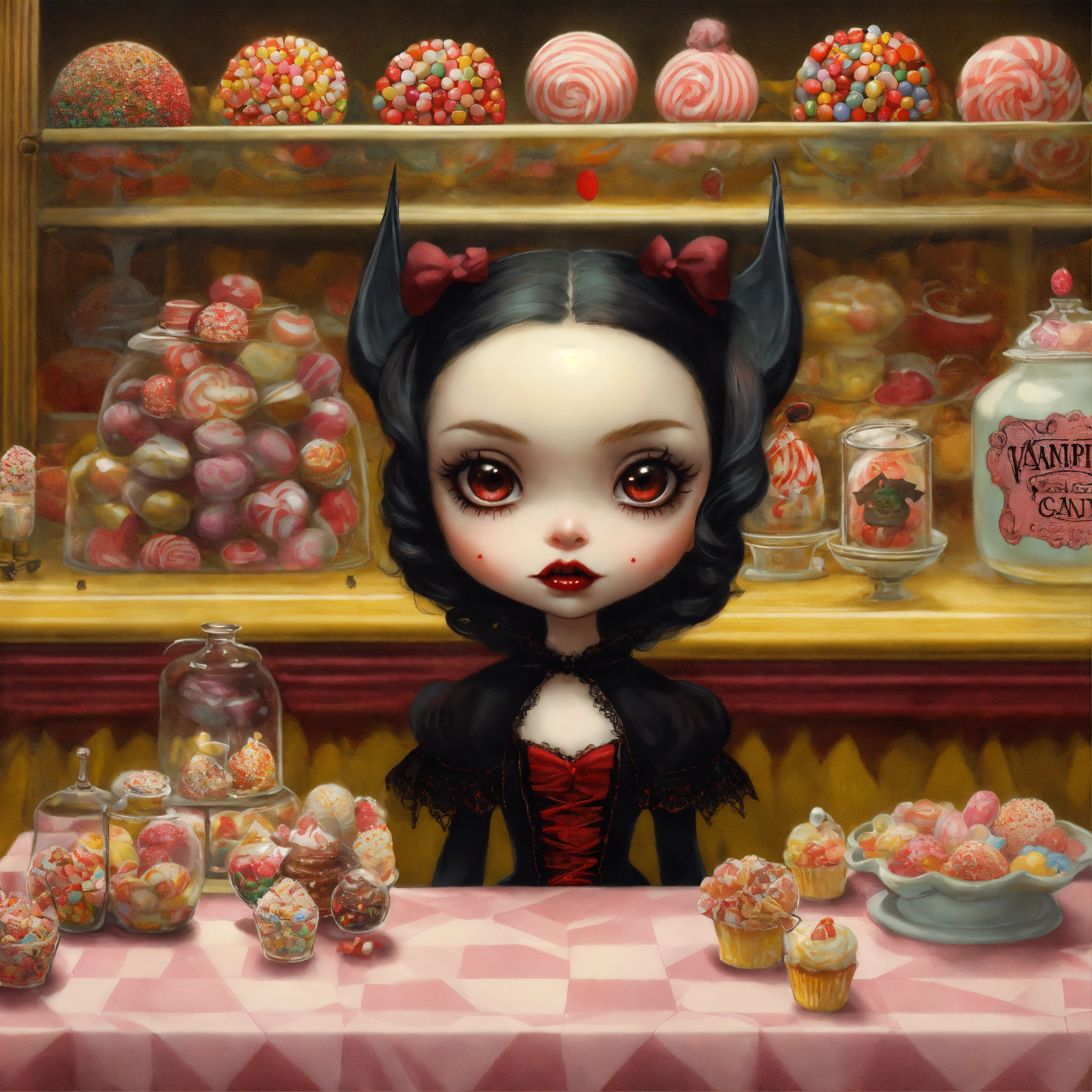Lexica - A vampire girl and a cute bat, in a candy shop, by mark ryden