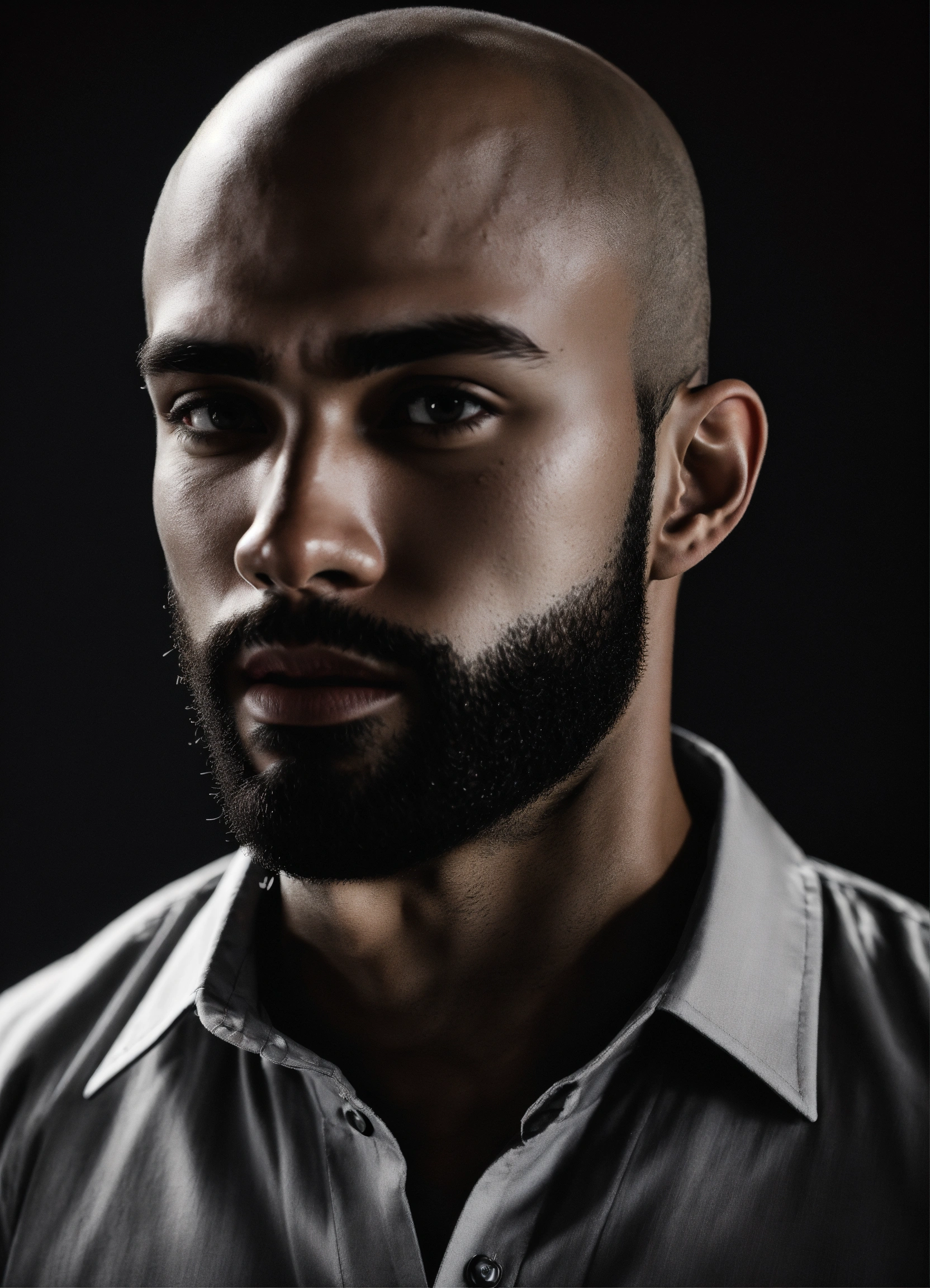 Lexica - Photo of handsome black male model Gonçalo Teixeira, smooth beard,  bald head, black and white, realistic, portrait, not painted, very detail...