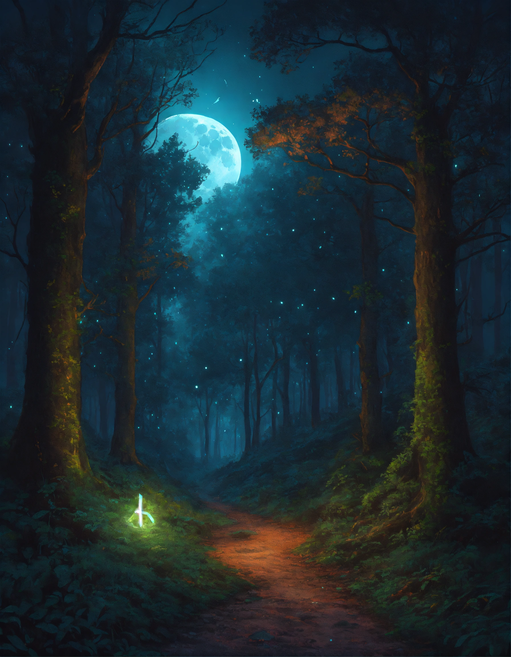 Lexica - A moonlit forest with a cryptic rune.