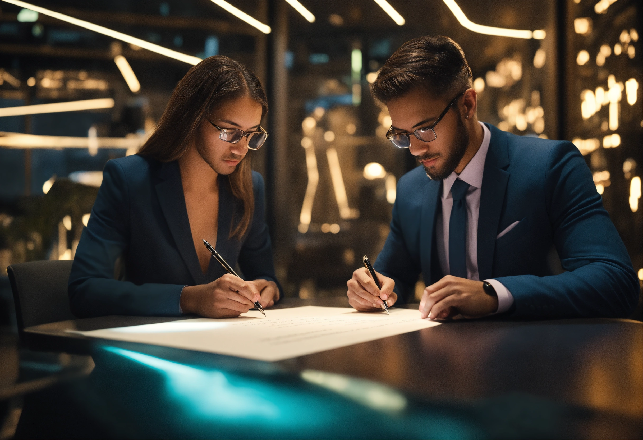 Lexica - Two company representatives signing a contract, futuristic