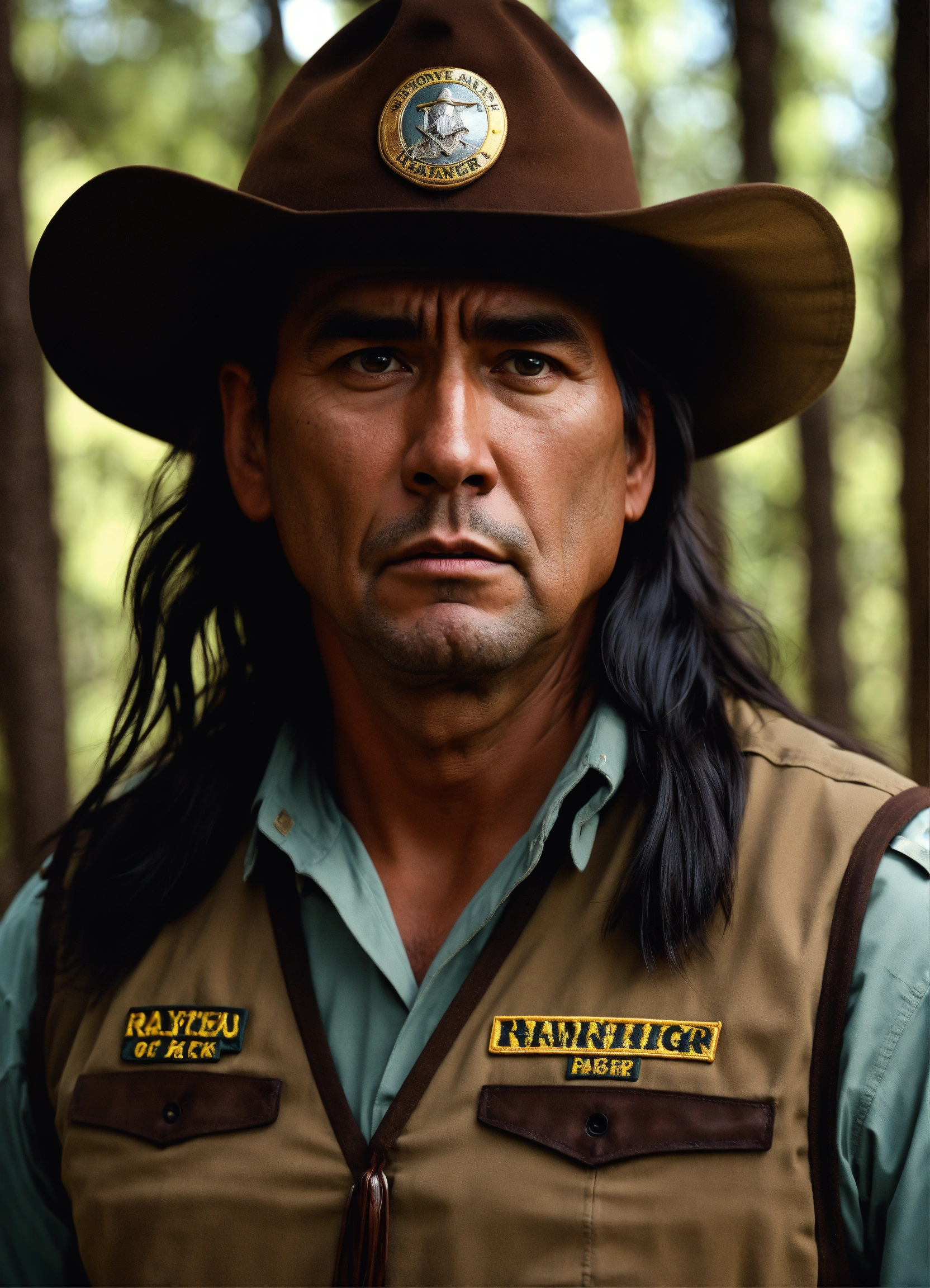 Lexica - Portrait of an native american park ranger man scared ...