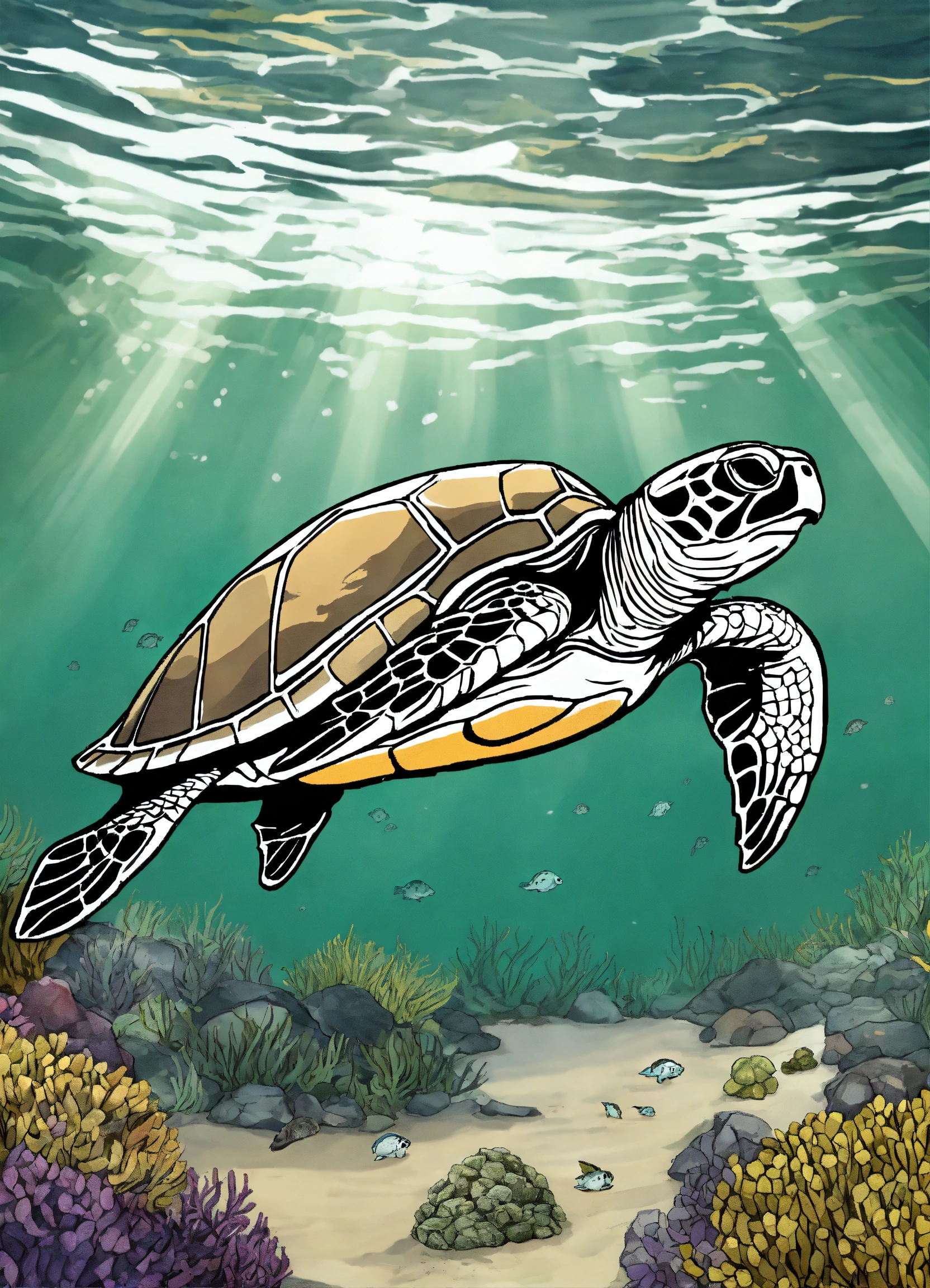 Lexica - Olive Ridley Sea Turtle in the sea, realistic art, line art ...