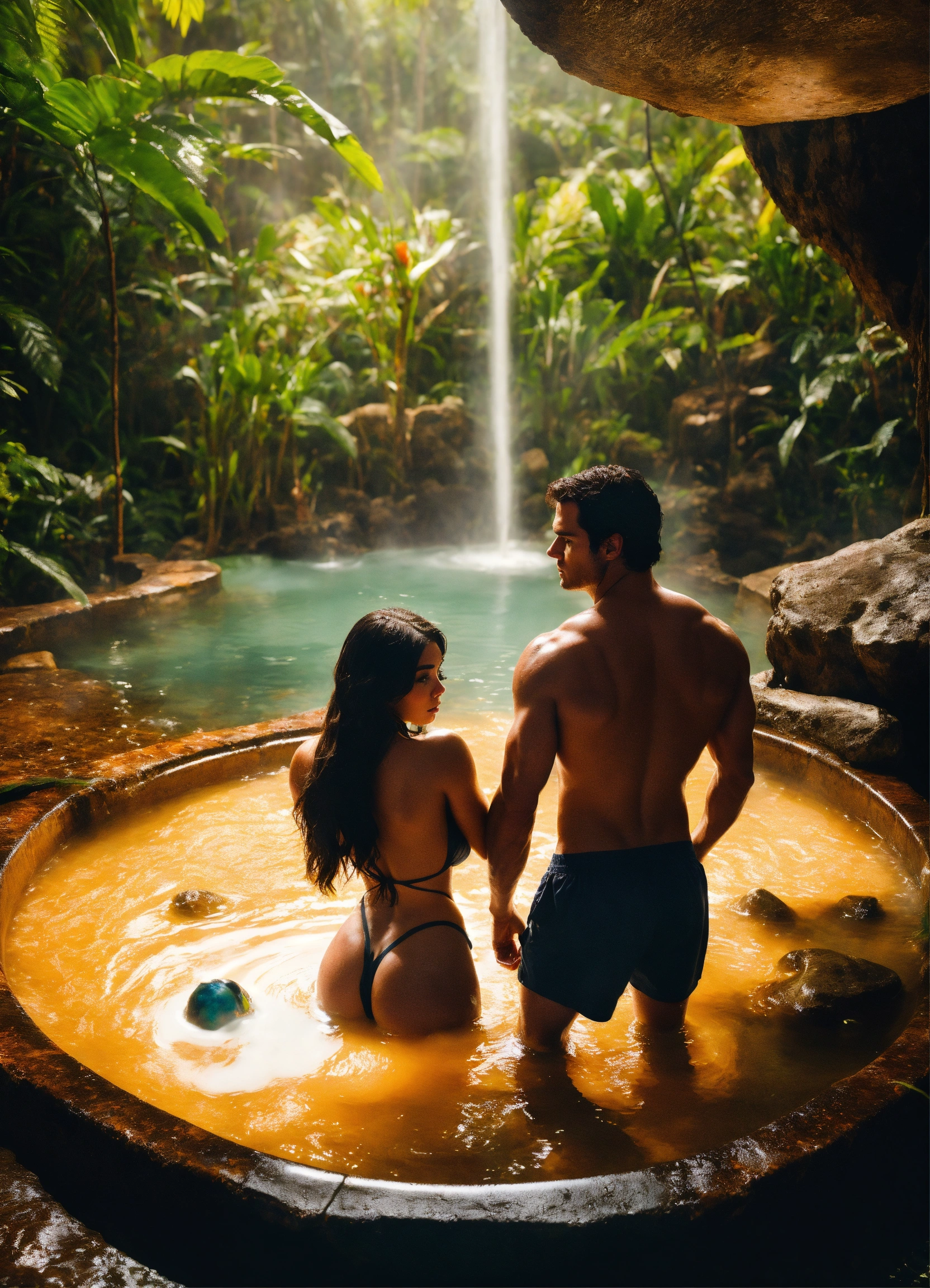 Lexica - Madison Beer in a natural hot springs in jungle with Henry Cavill  sitting. Galaxy filled with planets, realistic. full body. 4k real  photosh...